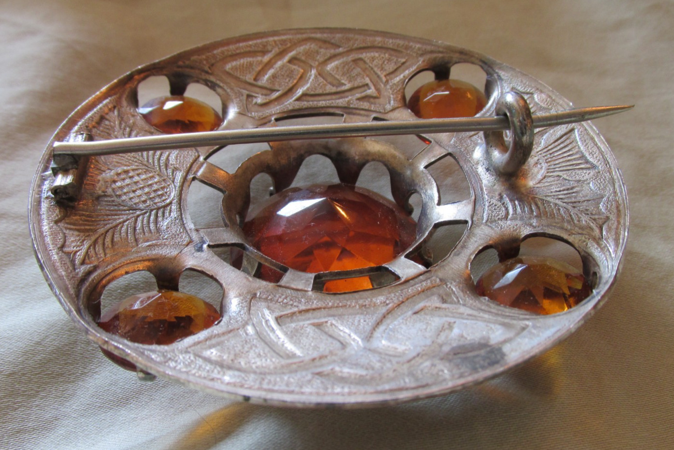 Vintage Oversized Cairngorm 5 Stone Scottish Thistle Brooch Great Britain Silver