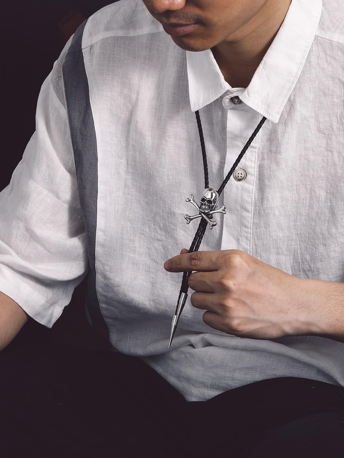 Bolo Tie Genuine Leather Black Onyx Western Necktie – Vintage Gift for Men