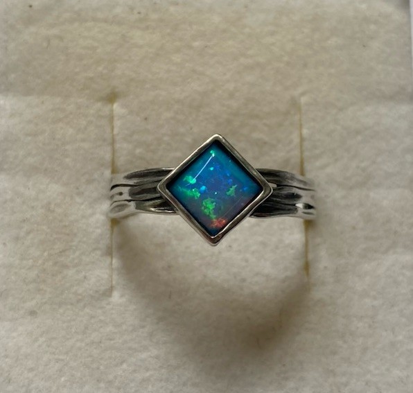 Sterling Silver, Square Bezel Set Lab Opal, Ring By PZ Creations