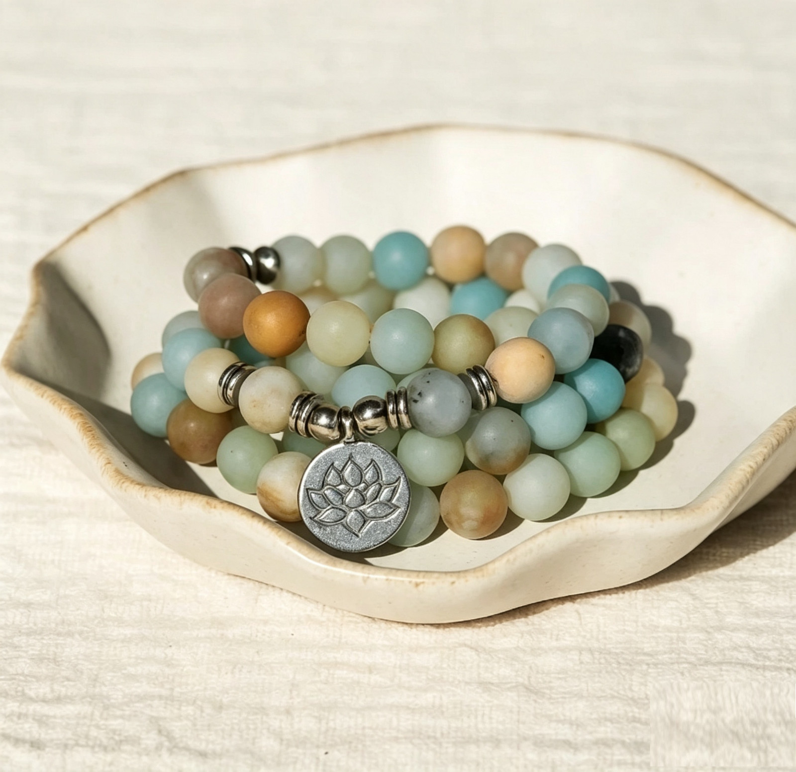 8mm 108 Mala Beads Bracelet Necklace Lotus Charm Amazonite Gemstone Yoga Jewelry