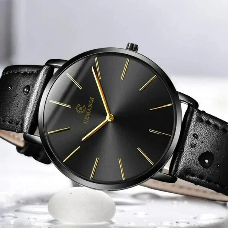 Men Trendy Ultra Thin Minimalist Watch Slim Leather Strap Stainless Steel Quartz