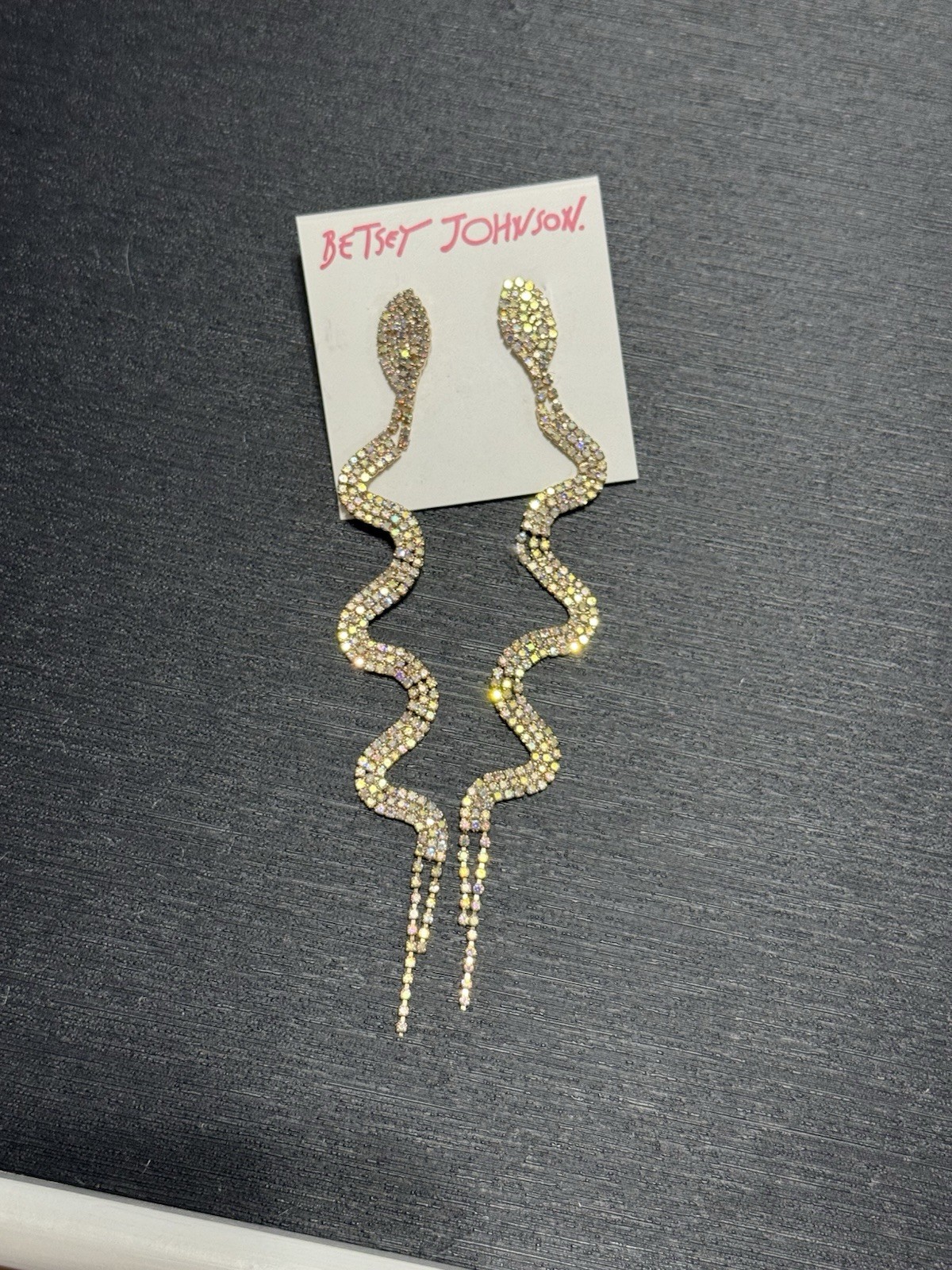 NEW BETSEY JOHNSON AURORA BOREALIS AB RHINESTONE SNAKE EARRINGS 5” GOLD TONE
