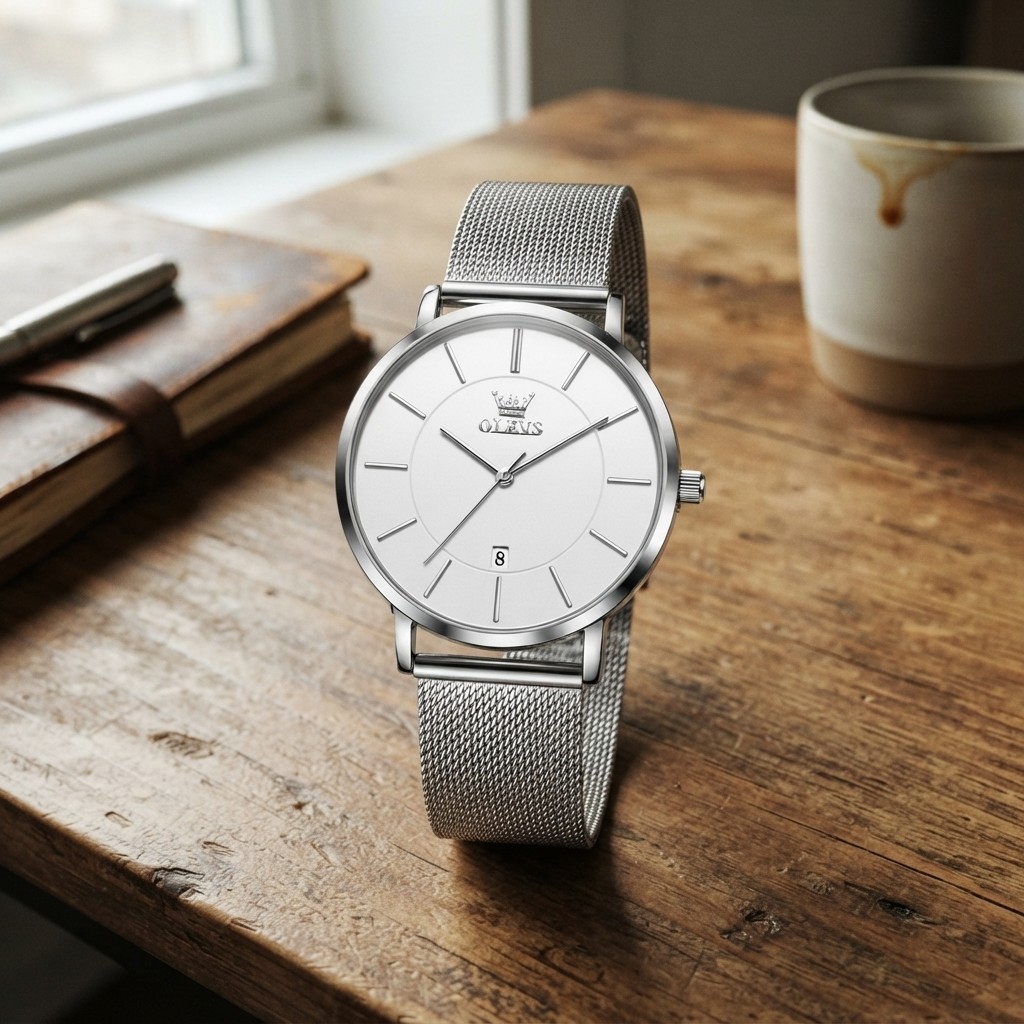 Ultra-Thin Silver Ladies Watch – Stylish Waterproof Mesh Strap with Date Display