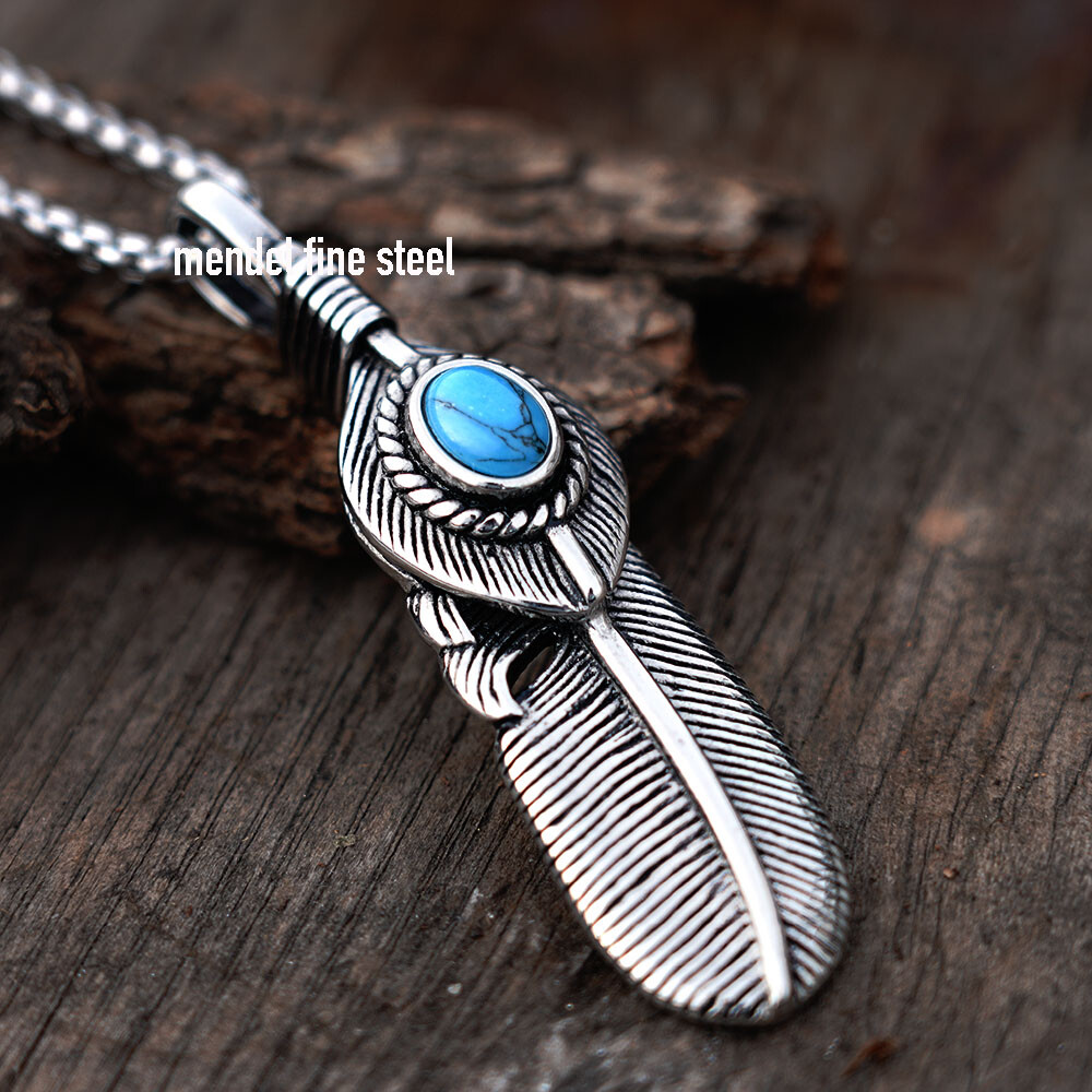 MENDEL Mens Native American Feather Turquoise Pendant Necklace Men Women Silver