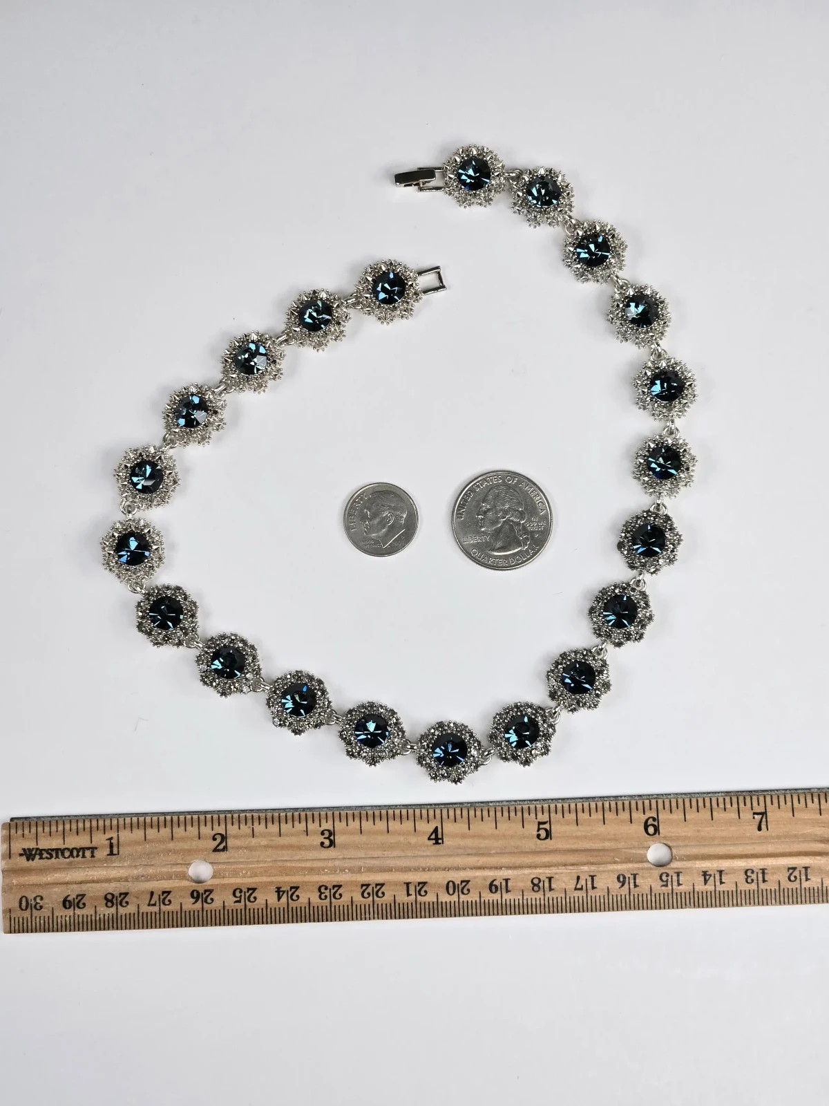 Blue Rhinestone Necklace Victorian Style 16 In Statement Special Occasion Silver