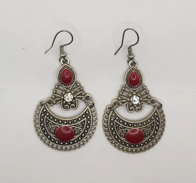 Vintage Berber Boho Silver Color Chandbali Crescent Dangle Earrings Red Rhinesto