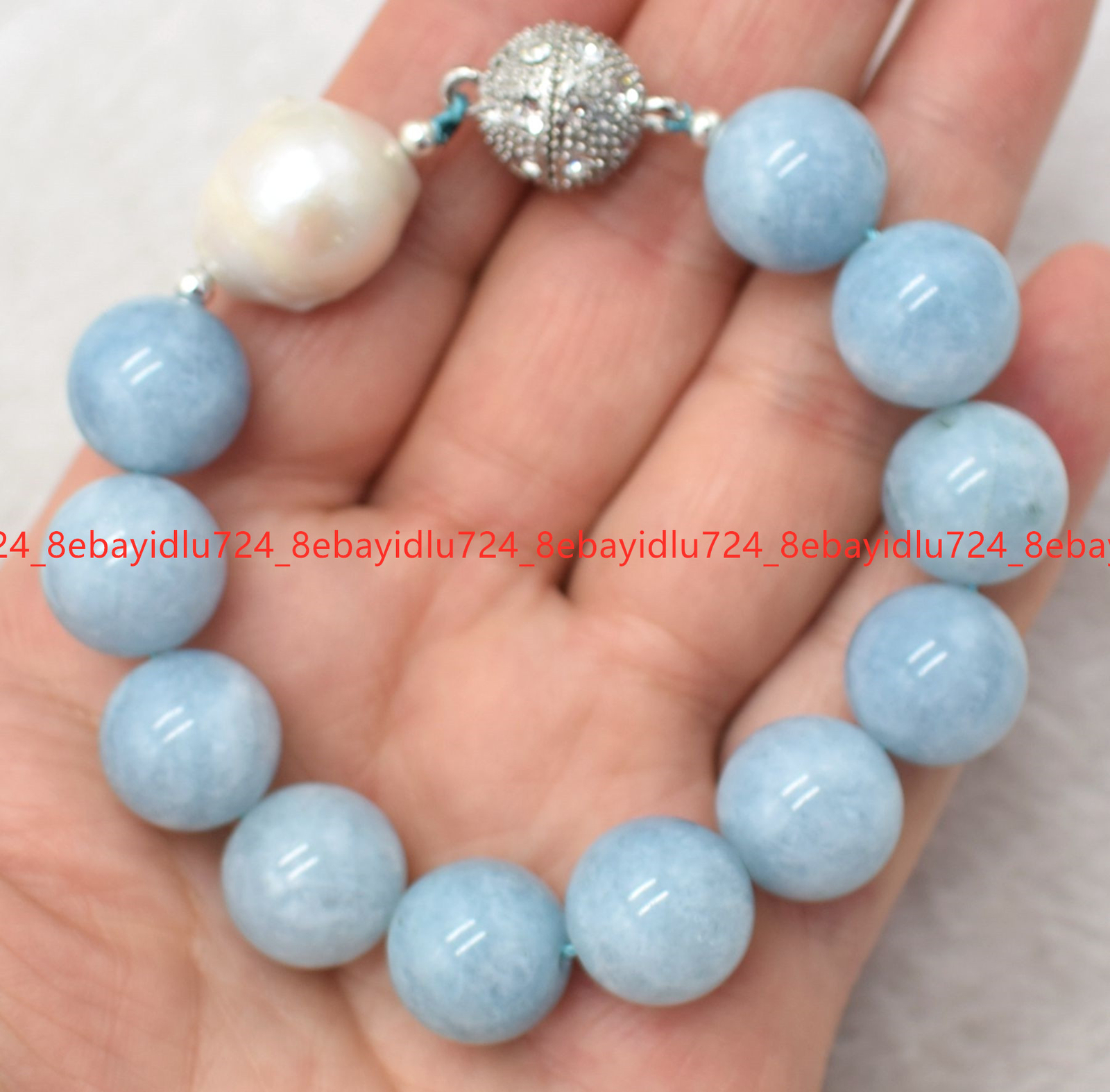 Natural Blue Aquamarine Round Gemstone Beads White Keshi Baroque Pearl Bracelet