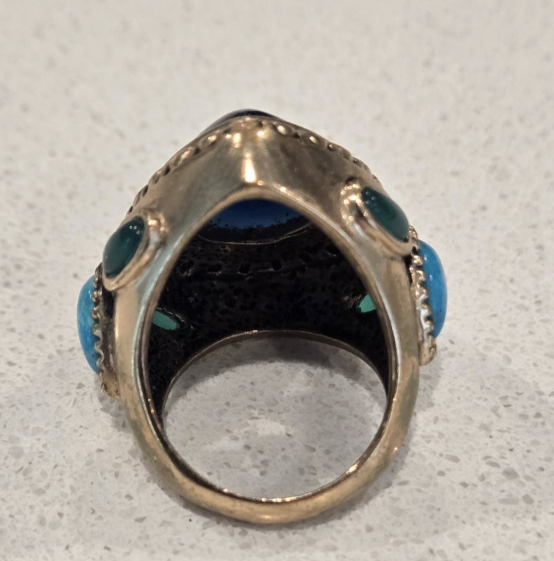 VTG Barse Thailand Bronze Ring Large Cocktail Statement Ring Cabochon Stone Blue