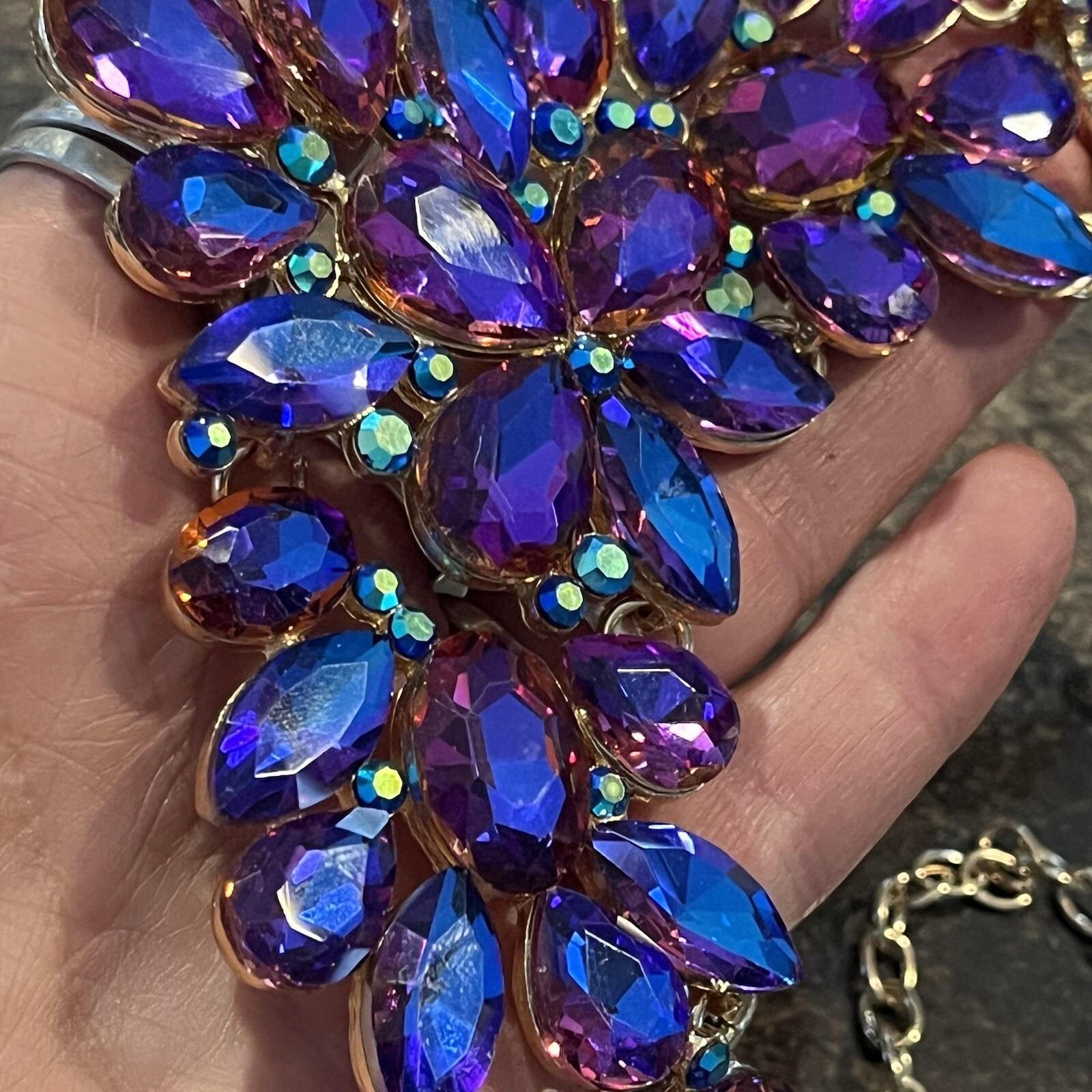 Necklace Iridescent Purple Blue Glass Rhinestone A/B 16” Foil Back STATEMENT