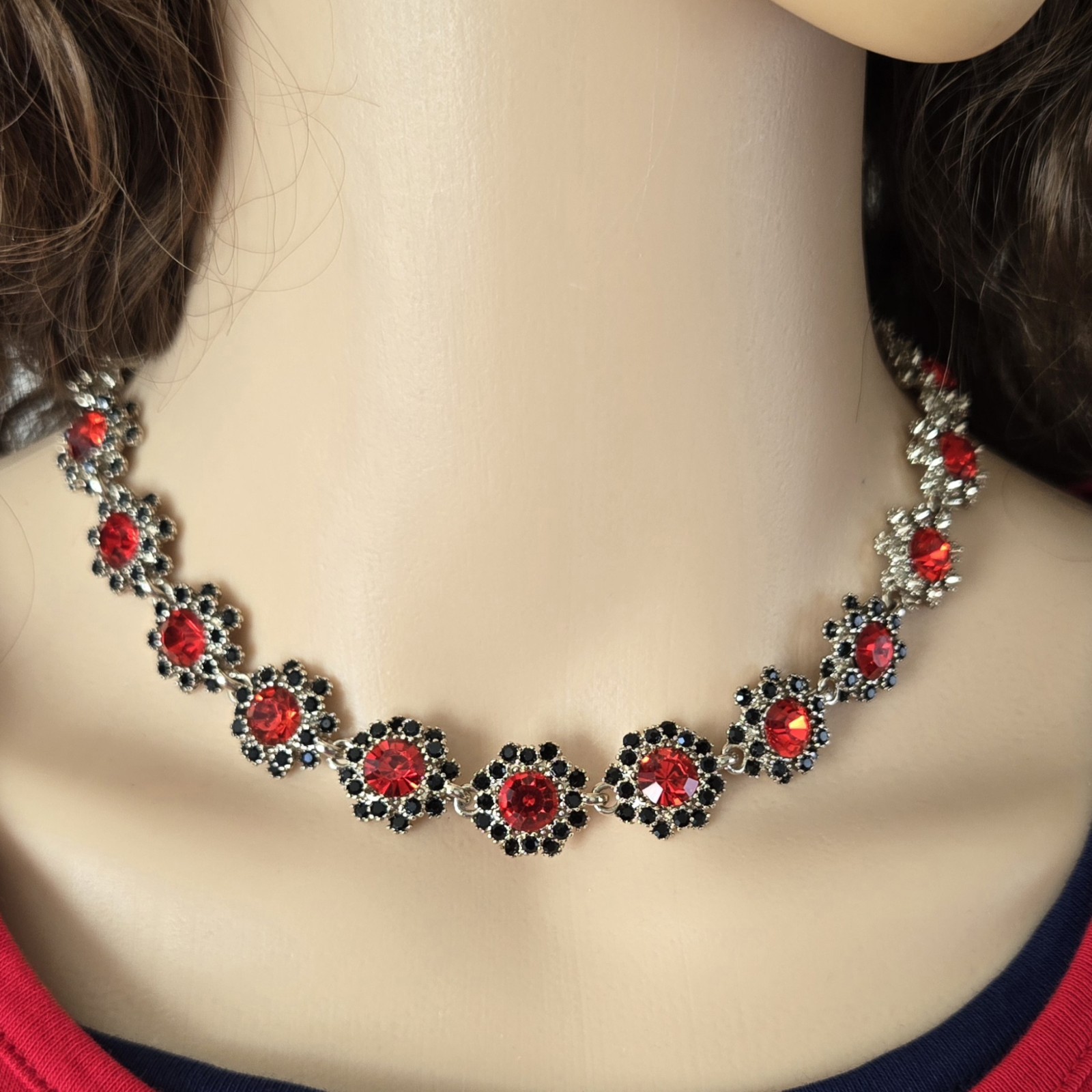 Simulated Red Statement Choker, Rhinestone Silver Tone Necklace