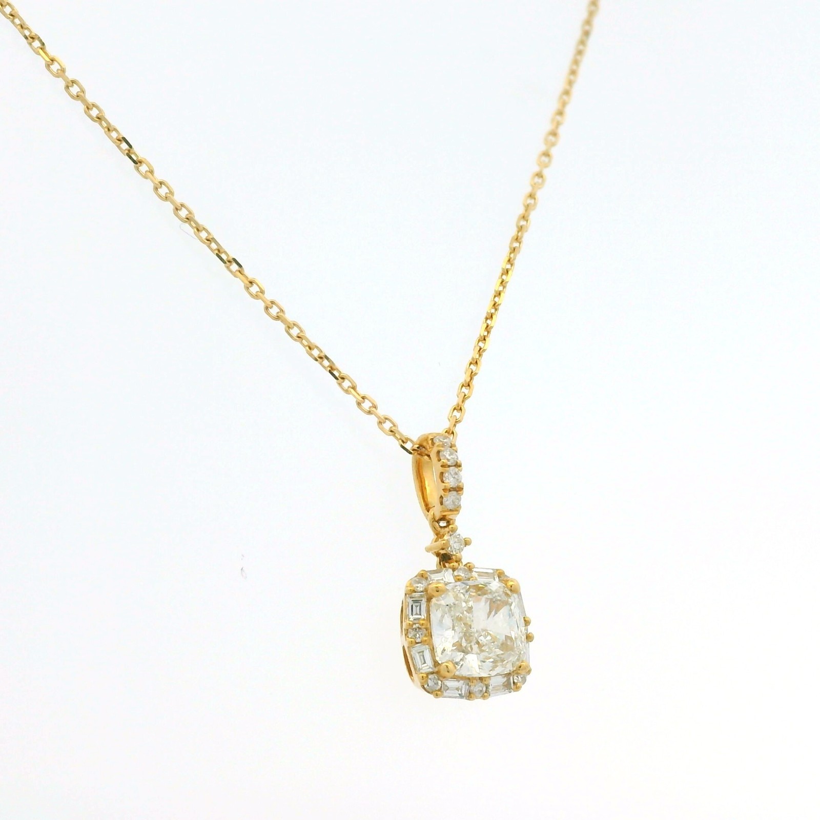 GIA 18K Yellow Gold 1.00 Carat Cushion Cut Diamond Halo Pendant Necklace
