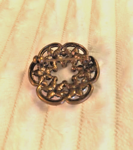 Flower Brooch Pin Gold Tone Pink Rhinestone Faux Pearl Round Costume Jewelry