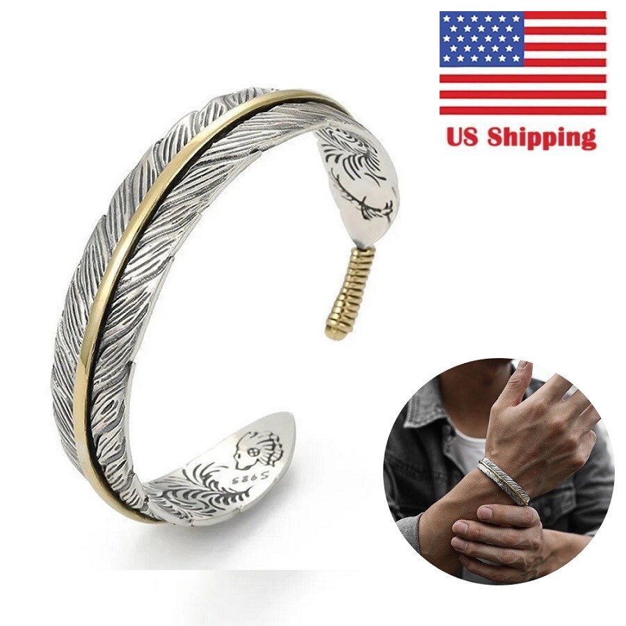 Women Men Retro Vintage 925 Sterling Gold Silver Feather Cuff Bangle Bracelet US