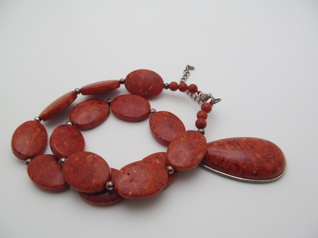 Vintage Lucas Lameth 925 Sterling Silver Red Jasper Stone Bold 18.25mm Necklace