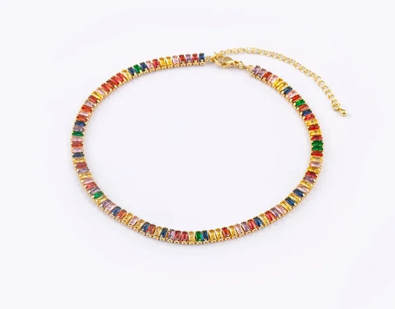 Classic Colorful Tennis Necklace Men and Women Rectangular Full Zircon.