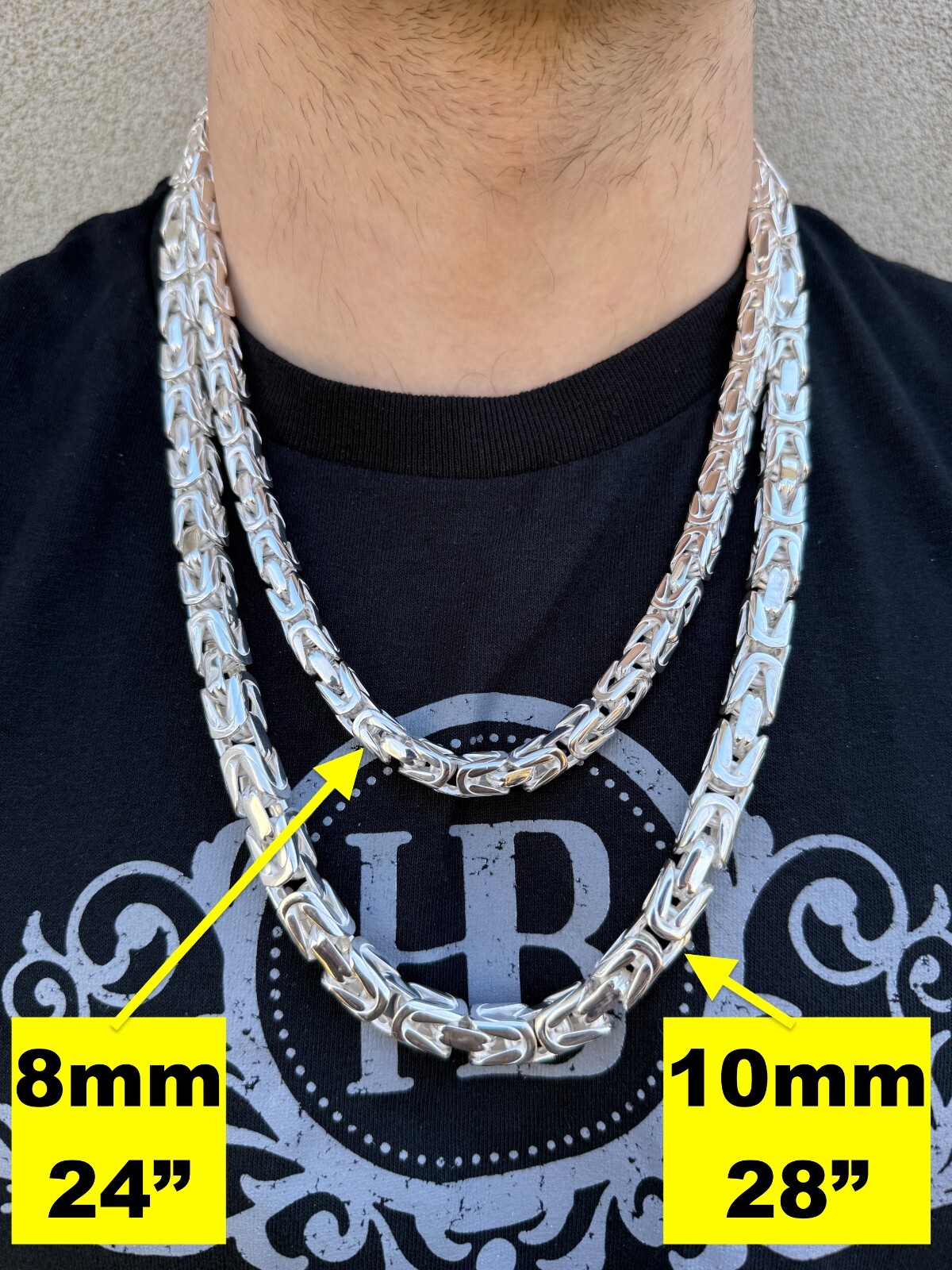 Real Solid 925 Silver Handmade Byzantine Chain Mens Necklace 5mm-10mm Box Clasp