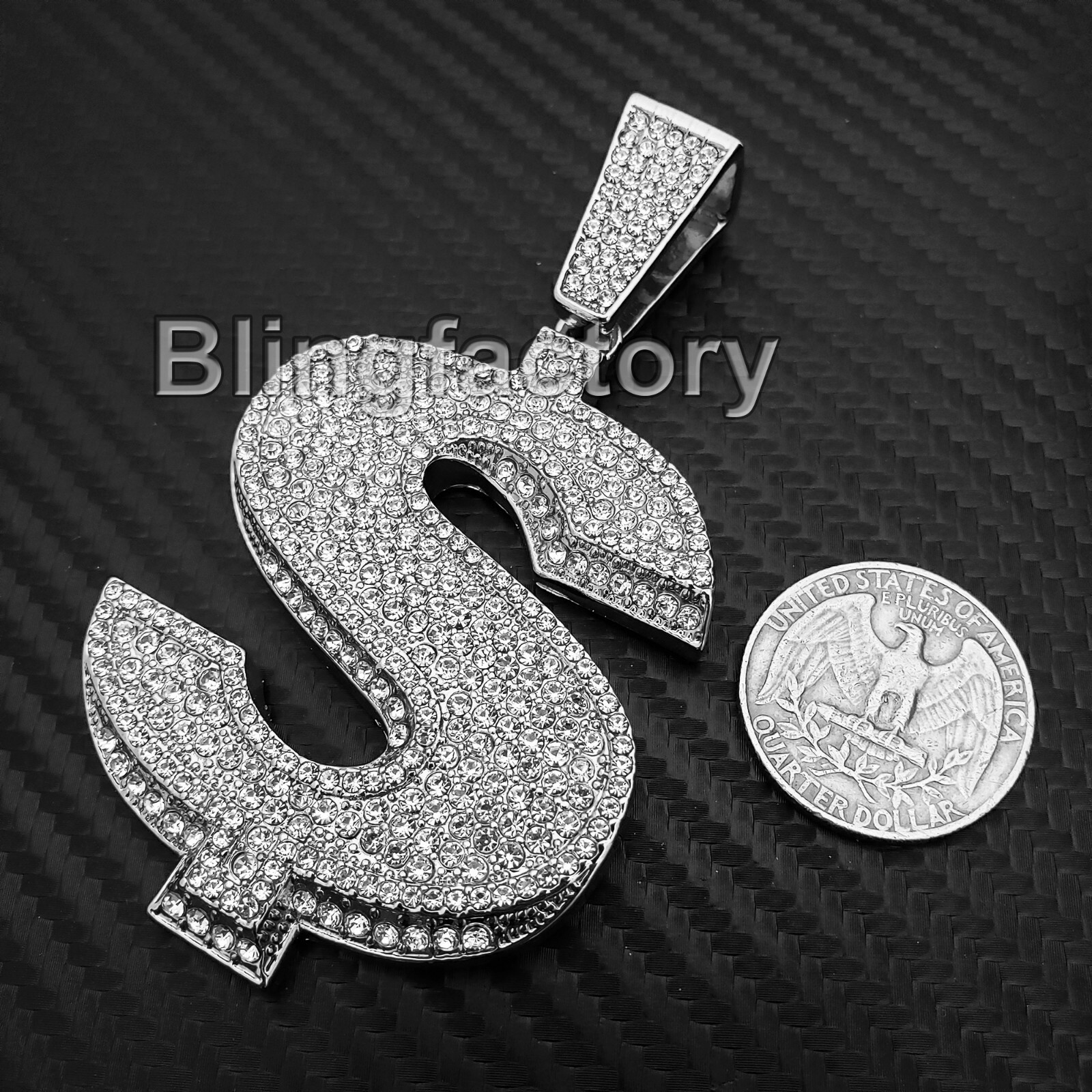 HIP HOP ICED CUBIC ZIRCONIA SILVER PLATED ALLOY LARGE $ DOLLAR SYMBOL PENDANT
