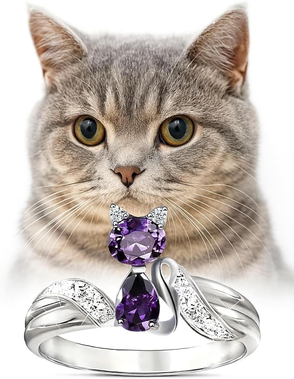 Stainless Steel Purple Crystal Cat Ring with Cubic Zirconia Accents – Glass Ring