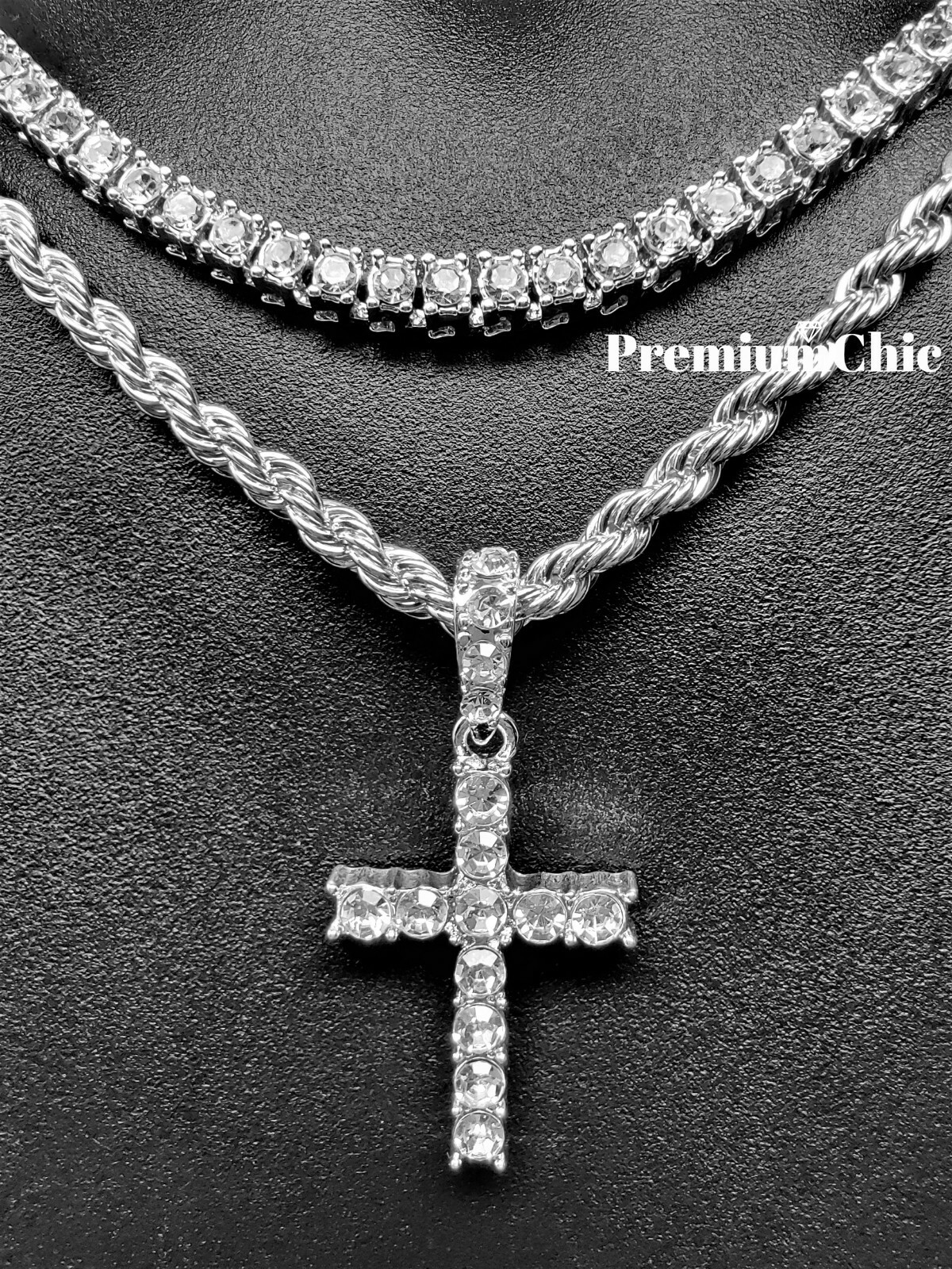 3pc Set, Tennis Choker, Rope Chain, Cross Pendant Mens Plated Hip Hop CZ Jewelry