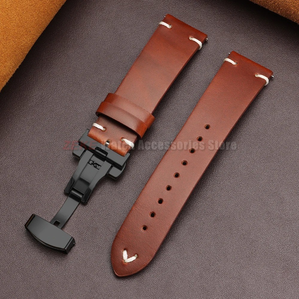 Genuine Leather Butterfly Buckle Watch Bands 18/20/22mm Waterproof Retro Oil Wax
