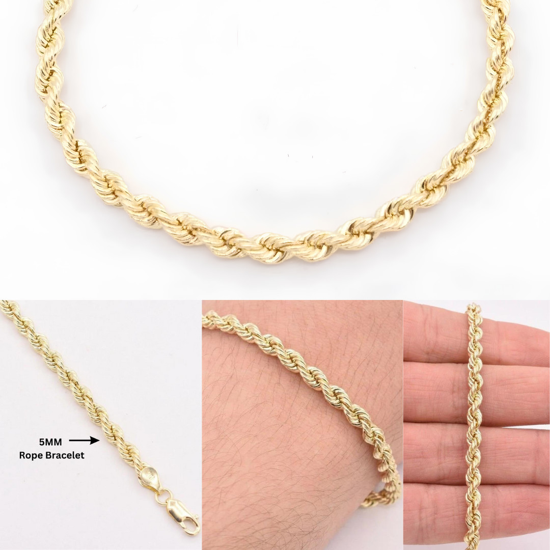 10K Real Yellow Gold Rope Chain Wide 5MM Men’s Bracelet 9″ Inches