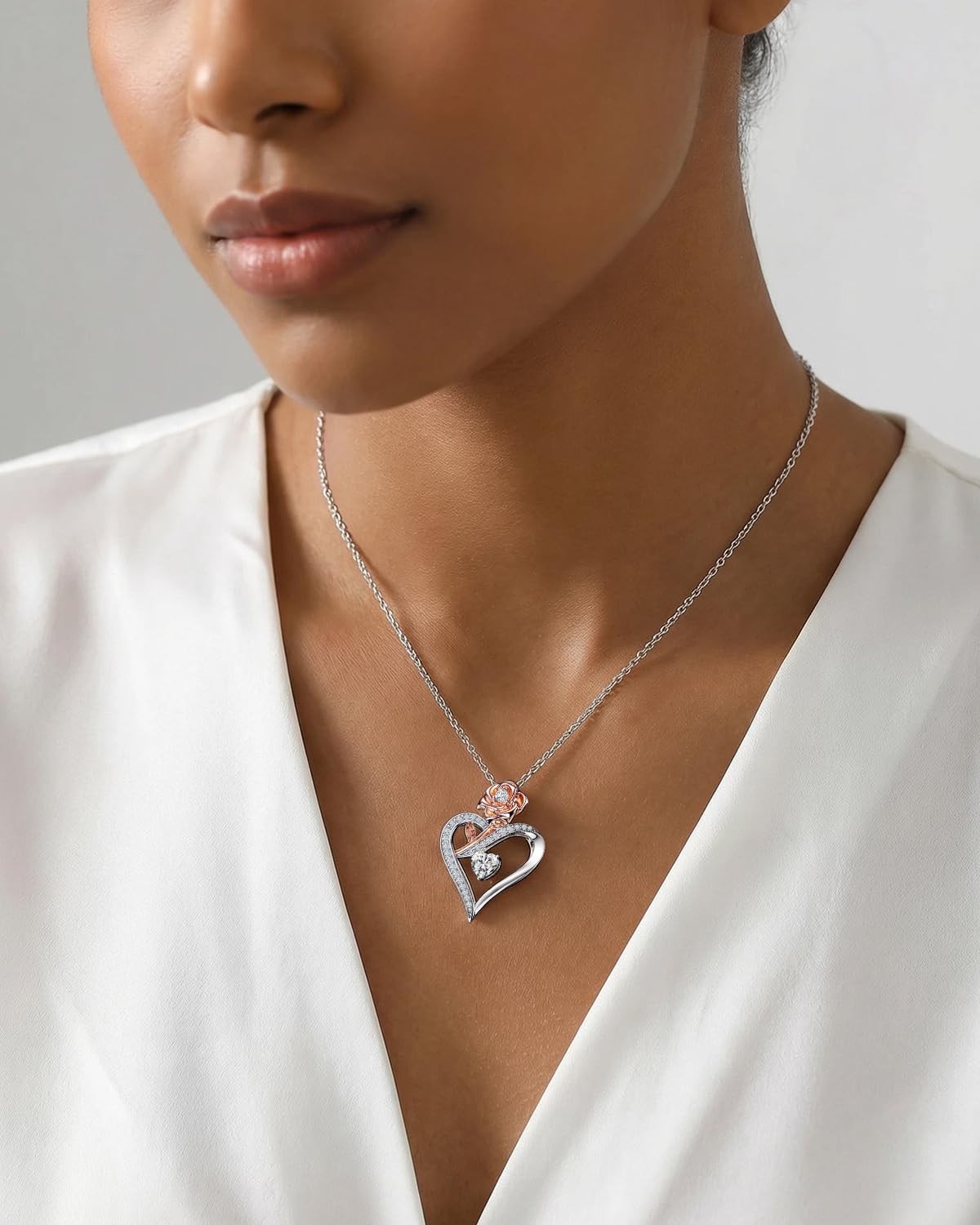 Moissanite Necklace for Women, Sterling Silver Rose Heart Pendant Necklace, R…
