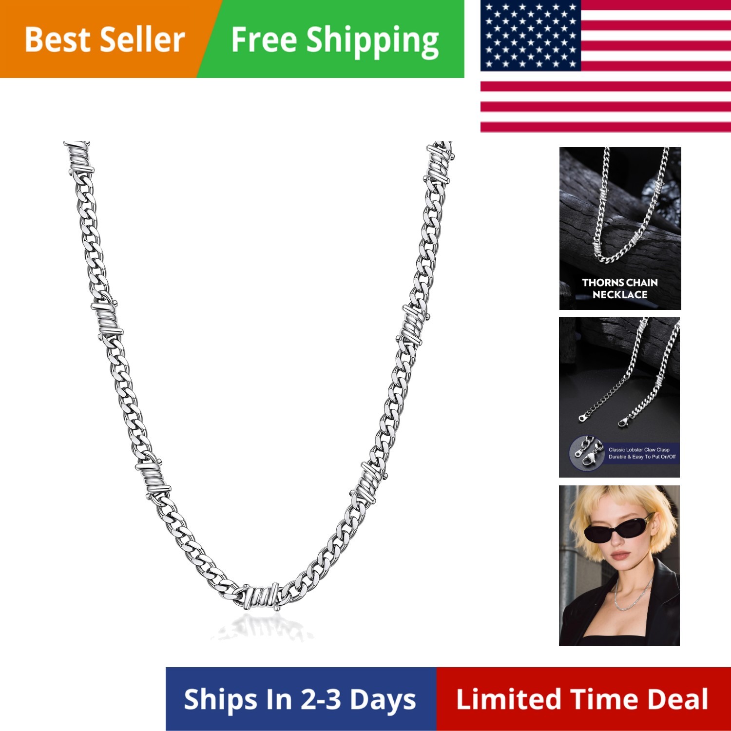 Barbed Wire Cuban Chain Necklace for Women Men Stainless Steel/Black Thorns C…