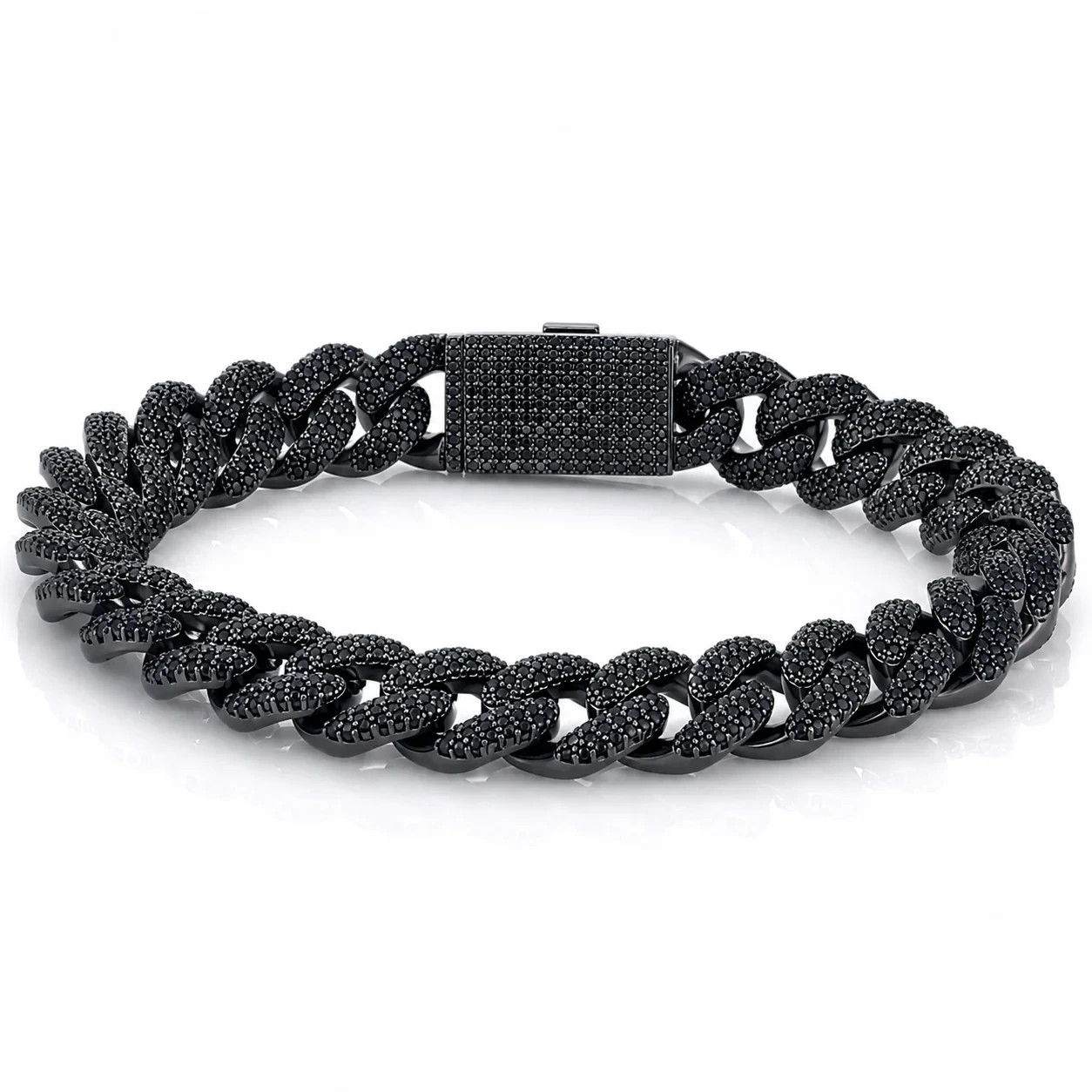 Men’s 14mm Black CZ Cuban Link Bracelet Black Brass Hip Hop 8 Inch