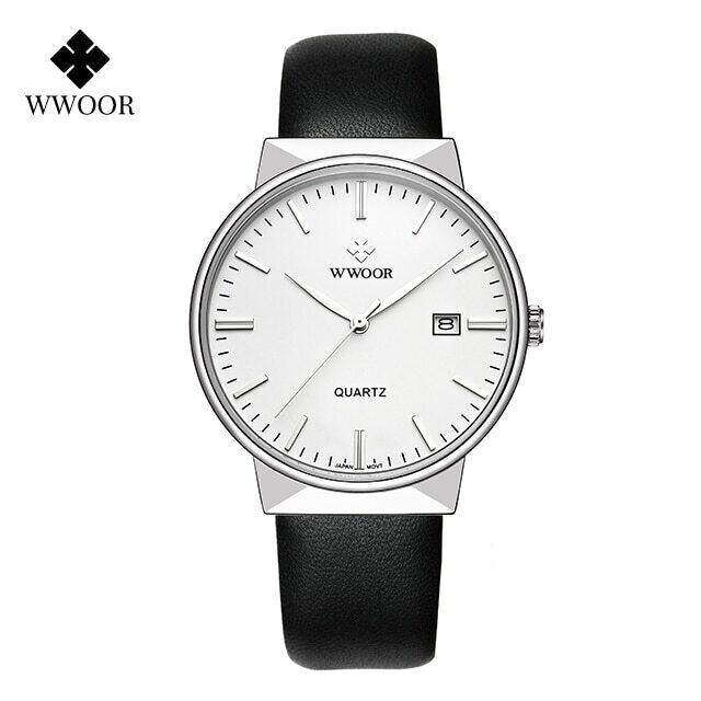 WWOOR Simple Ultra-Thin Steel Mesh Leather Date Men’s Wristwatch