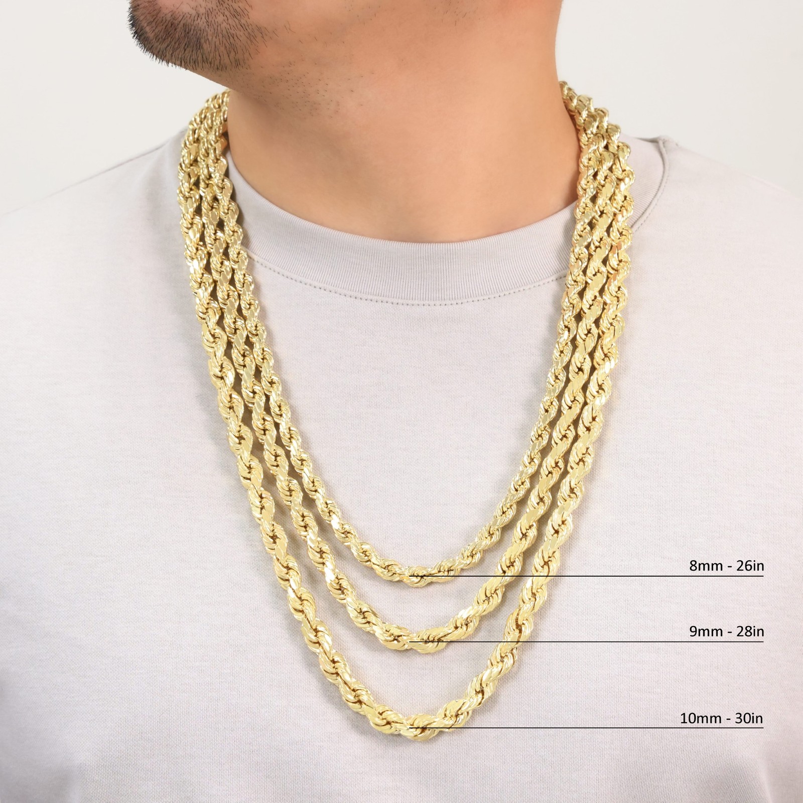 10K Yellow Gold 2mm-7mm Diamond Cut Rope Chain Italian Pendant Necklace 16″- 30″