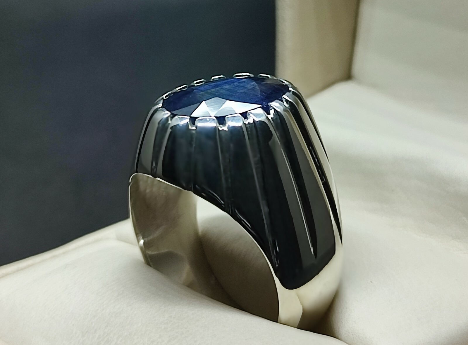 Natural 9 Carat Big Blue Sapphire Sterling Silver 925 Handmade Neelam Mens Ring