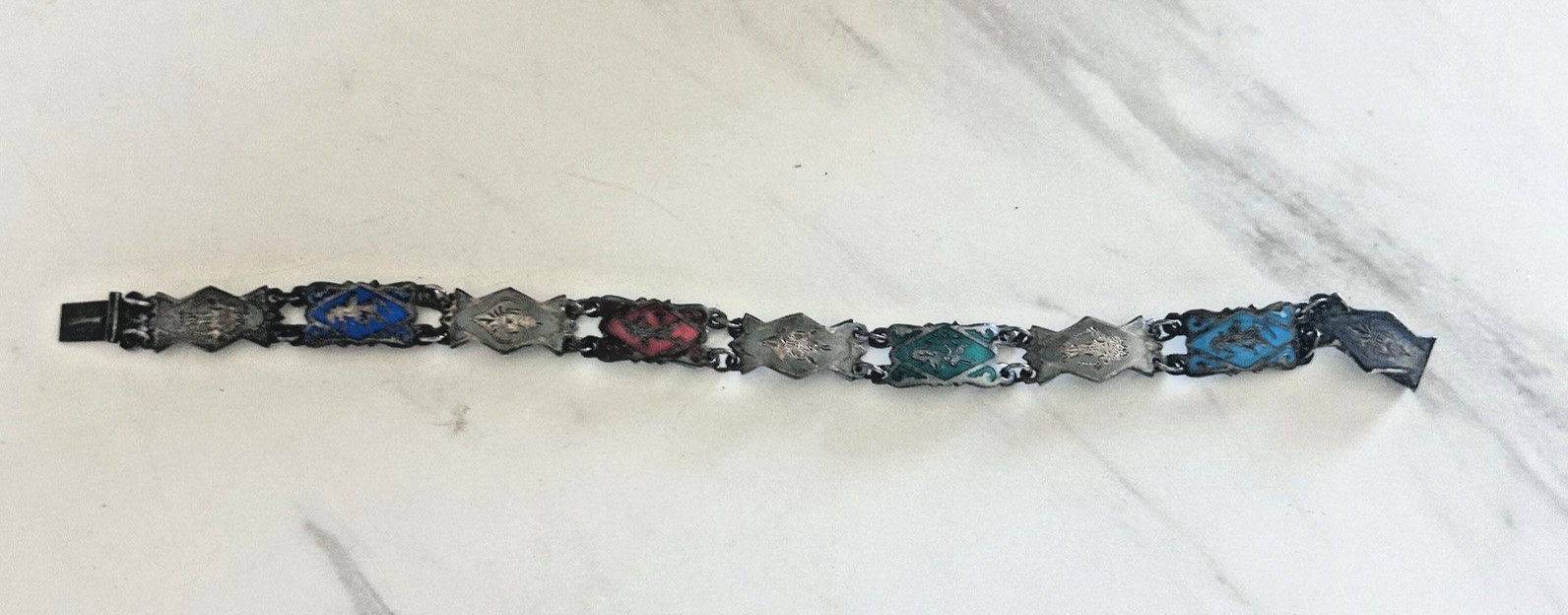Vintage Siam Sterling Silver Niello 8 Panel Bracelet Thai Deities Gods 7 1/4″
