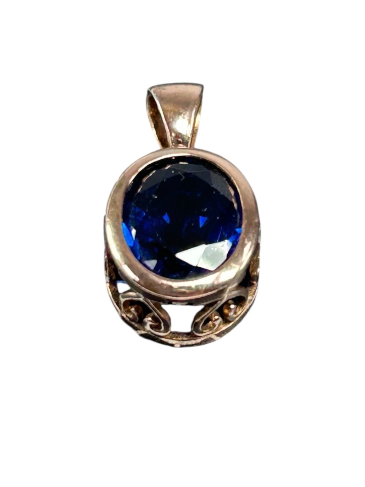 J&T 925 Sterling Silver Pendant Blue Glass Stone RoseGold Vermeil Heart Filigree