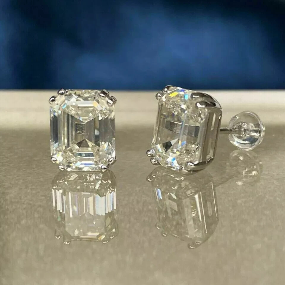 4Ct Asscher Cut Real Moissanite Solitaire Stud Earrings 14K White Gold Plated