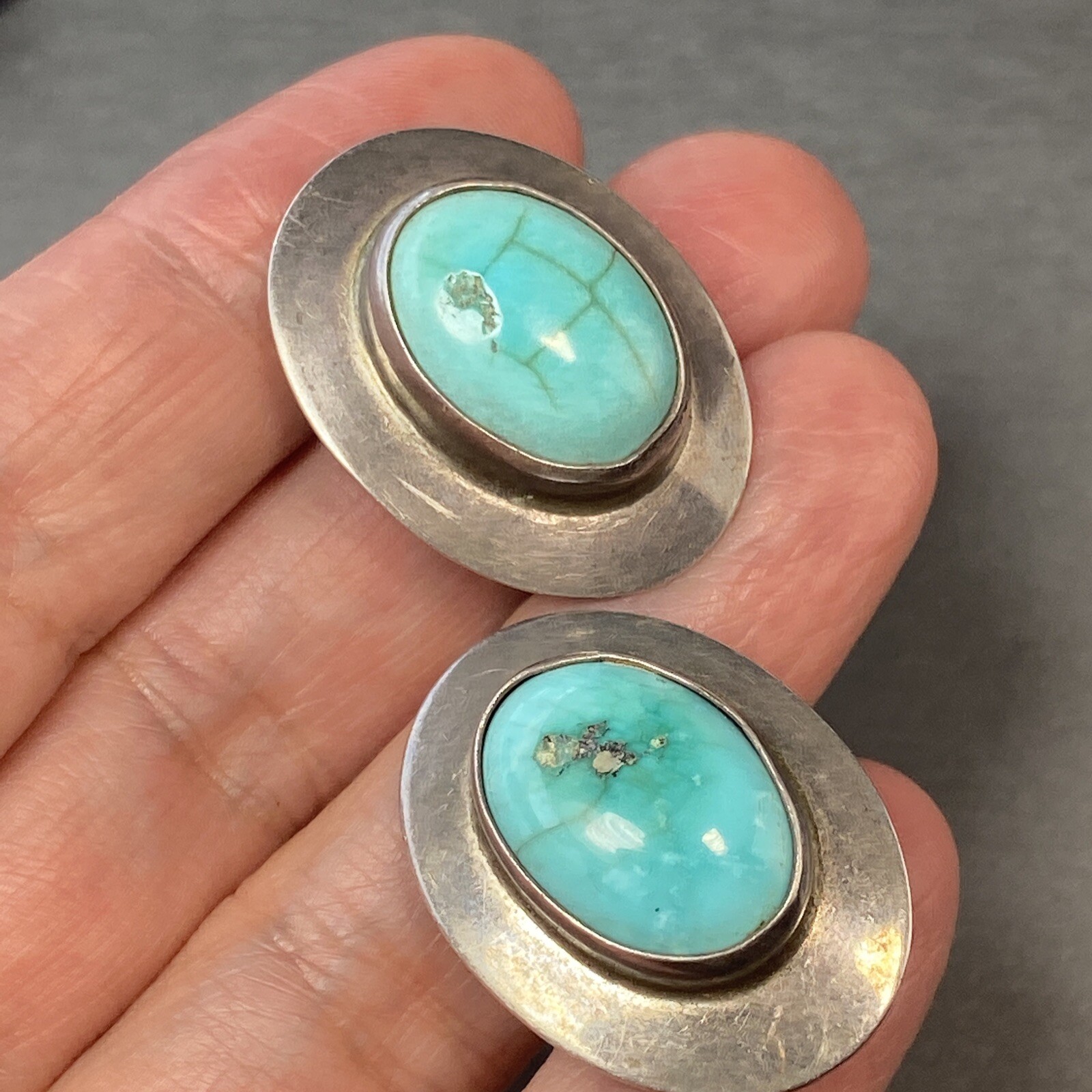 Vintage Modernist Clip-On Earrings Turquoire Sterling Estate Fine Jewelry PreOwn