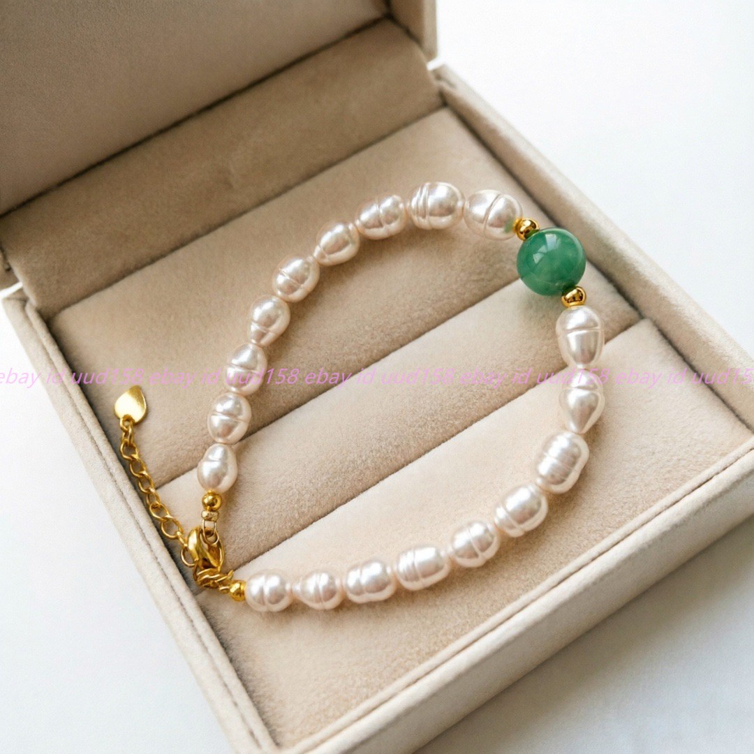 Natural 9-10mm White Freshwater Rice Pearl Green Dongling Jade Bracelet 7-9in