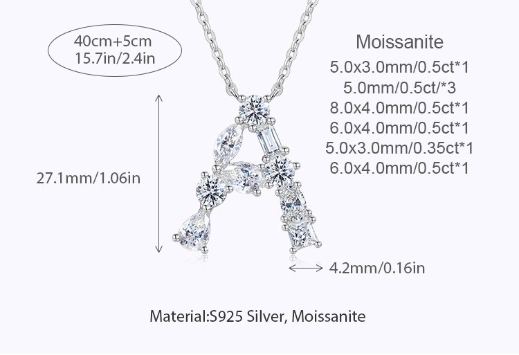 A-Z Initial Moissanite Pendant Necklace 925 Sterling Silver GRA Letter Gift