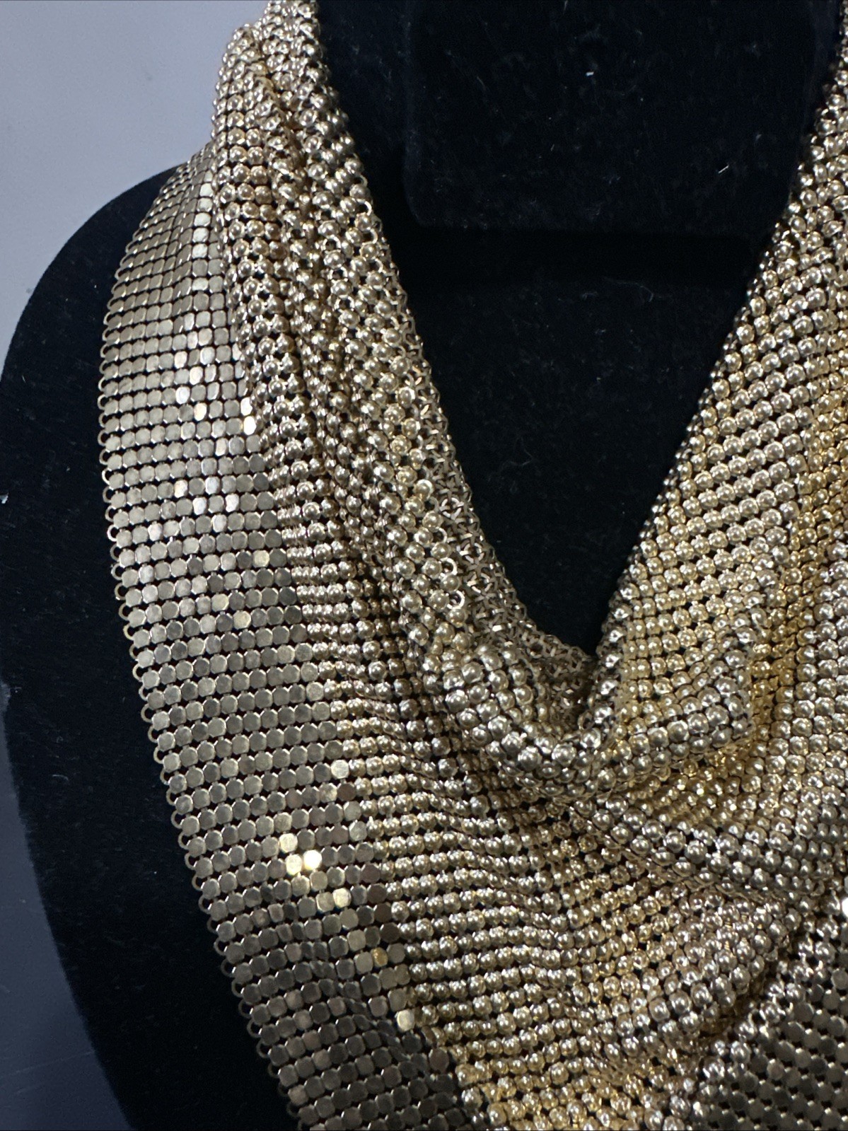 Vintage Unsigned WHITING & DAVIS Gold Tone Mesh Bib Necklace 12k Clasp