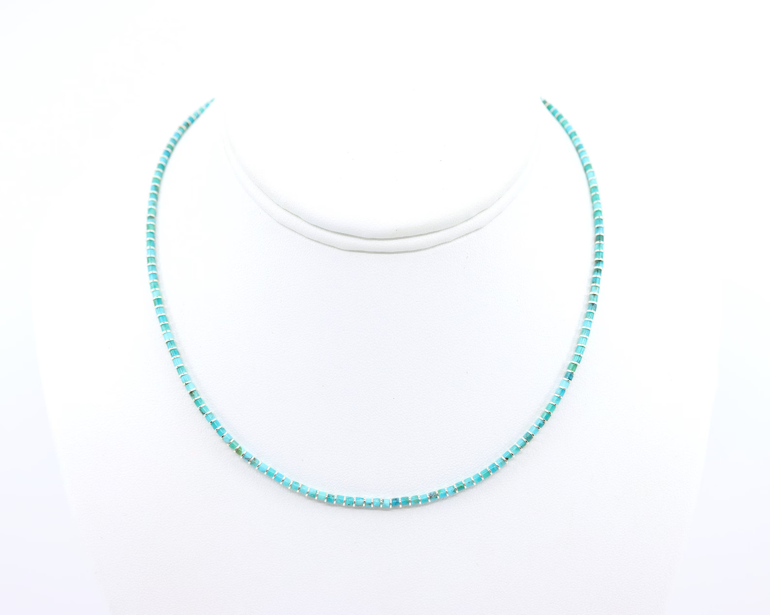 2mm Blue Turquoise Heishi Necklace & Silver Beads, Dainty Modern Contemporary