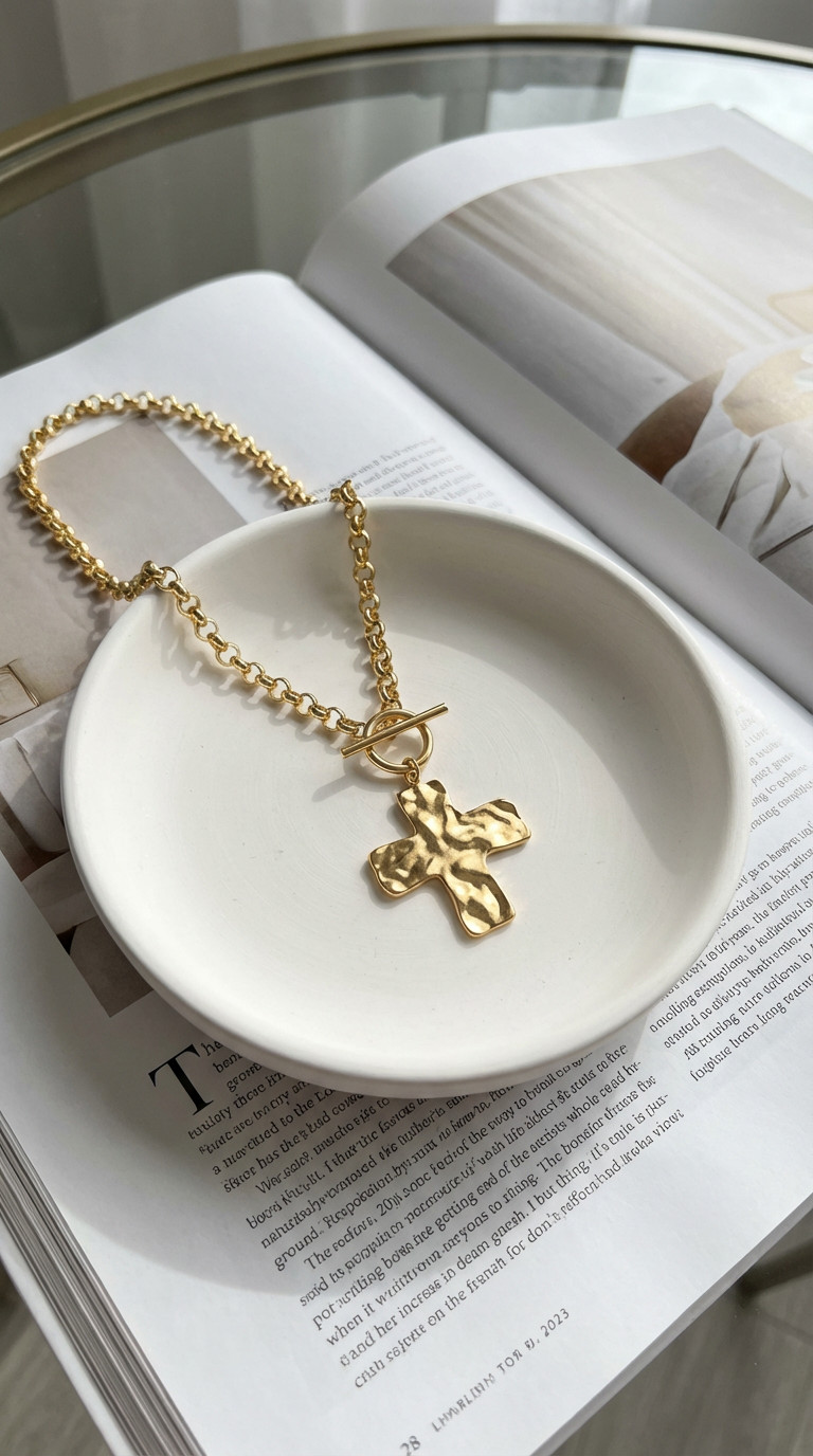1pc Minimalist Fashionable Gold Hammered Thick Cross Pendant Necklace