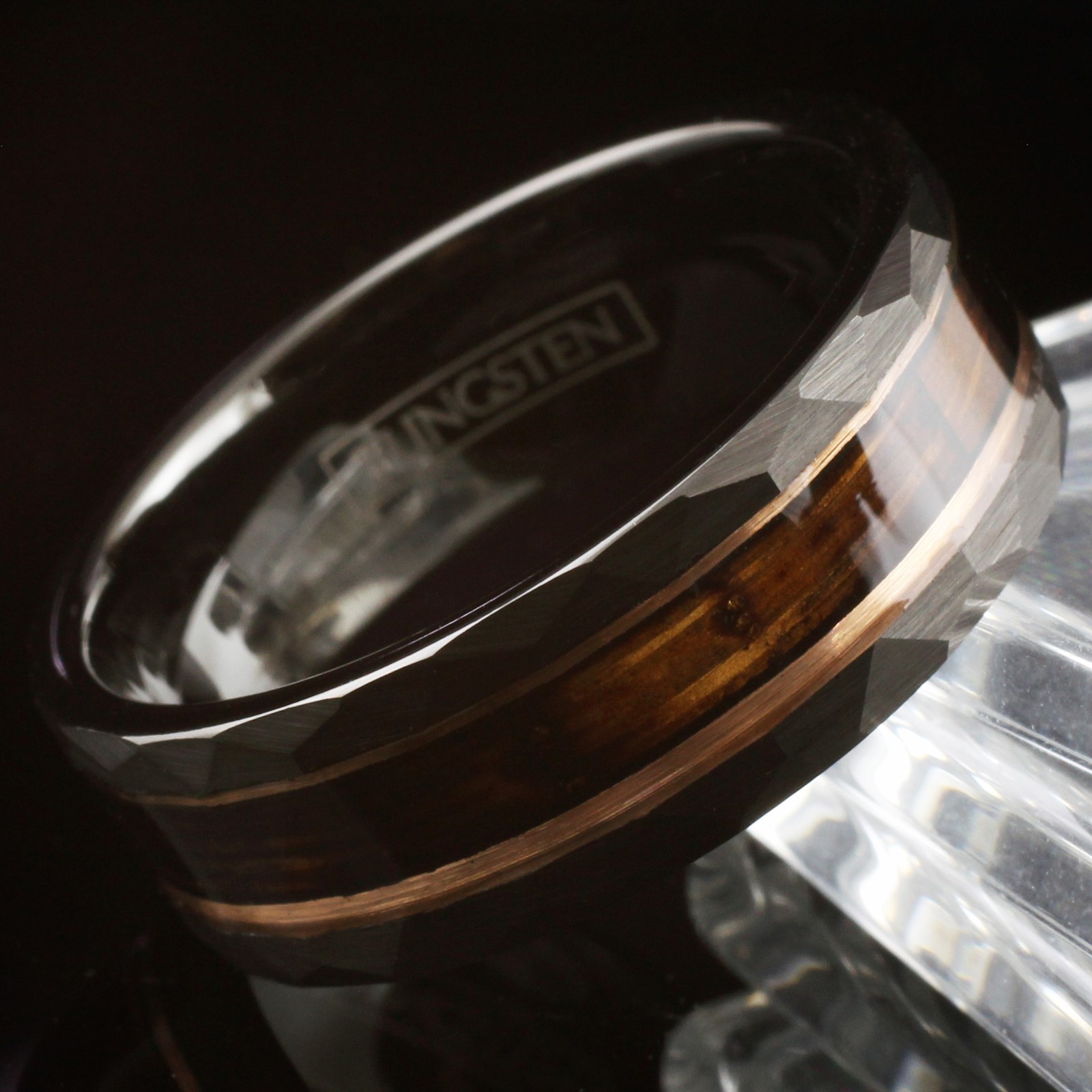 Black Tungsten Men’s Ring Charred Whiskey Barrel Rose Gold Plated Wedding Band