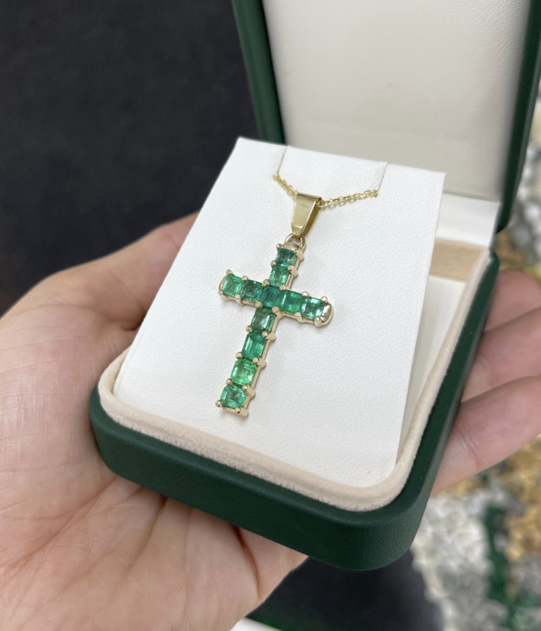 Certified Emerald Cross Pendant 14k Solid Yellow Gold Natural Emerald Pendant