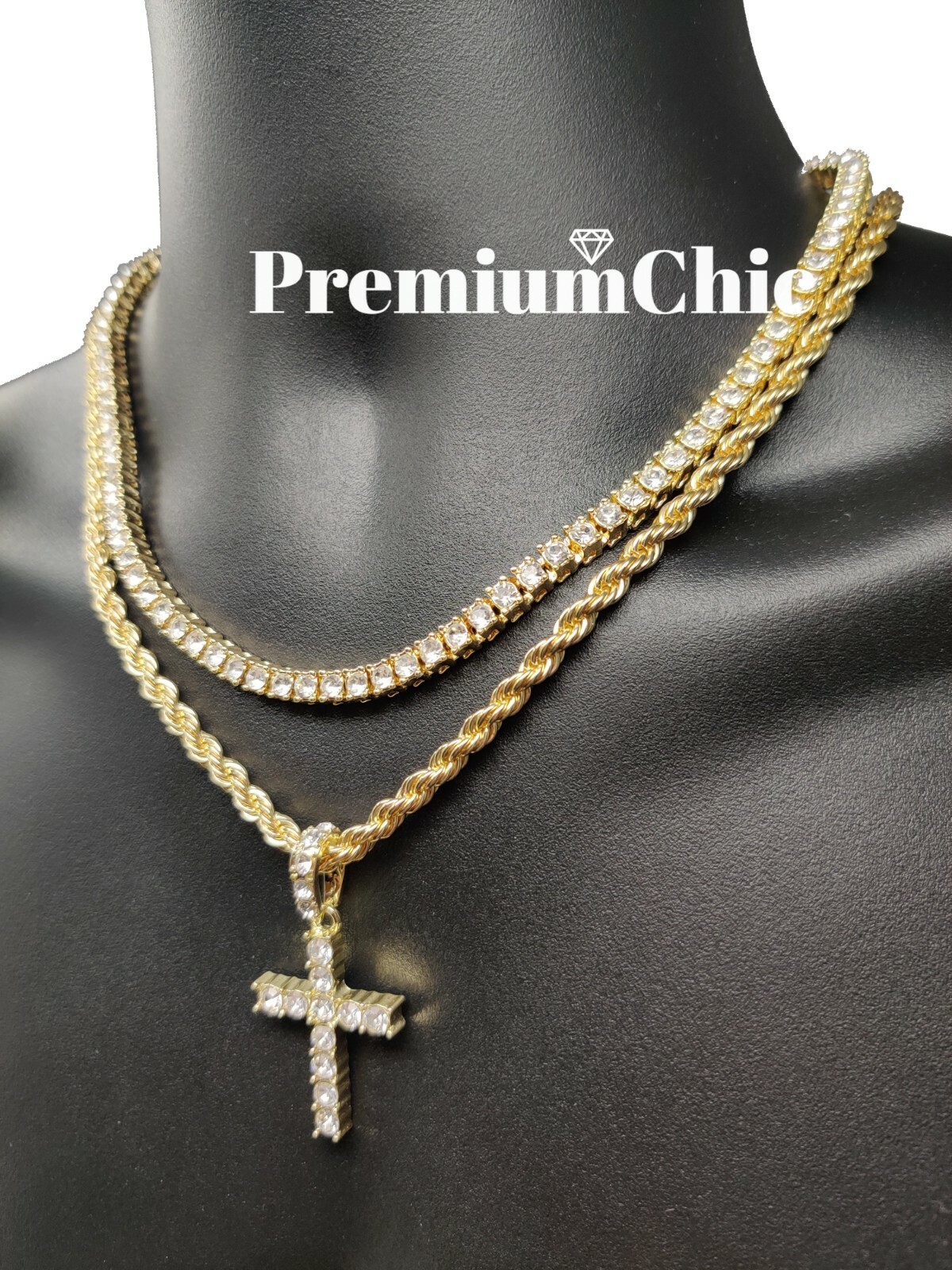 3pc SET, Tennis Choker Rope Chain, Cross Pendant Gold Plated Hip Hop CZ Jewelry