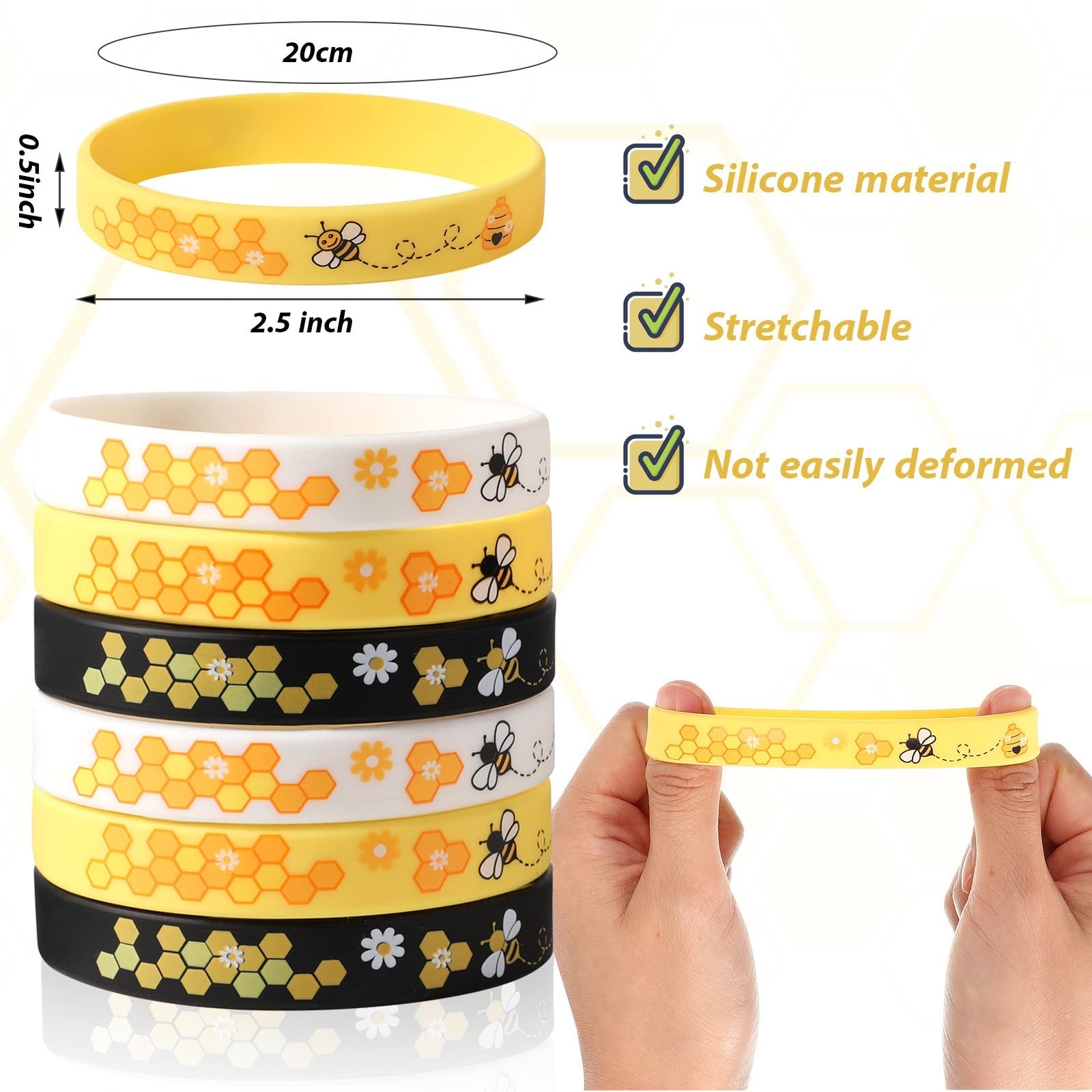 200 Pcs Silicone Bee Bracelets – Adjustable Unisex, Assorted Colors, Durable, Pa