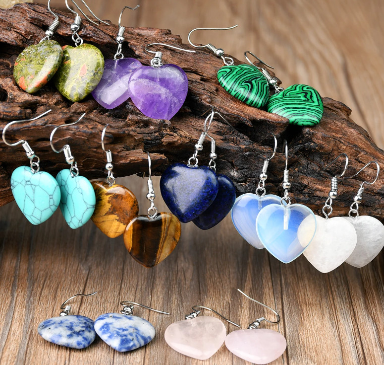 10Pairs 20mm Natural Gem Stone Heart Pendant Bead Earrings Received As Picture
