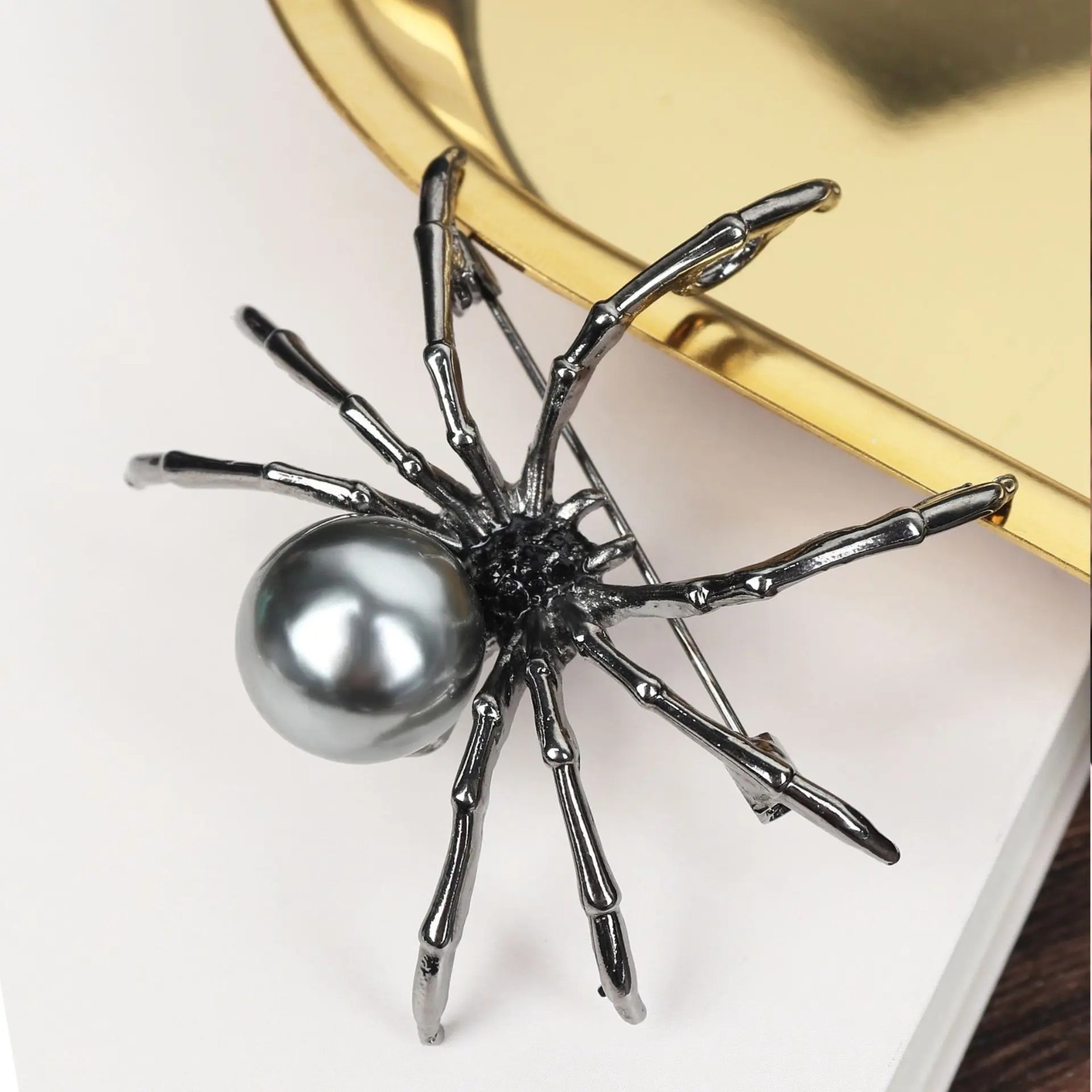 Vintage Black Rhinestone Spider Brooch Pearl Pin Insect Bug Jewelry Summer Gift