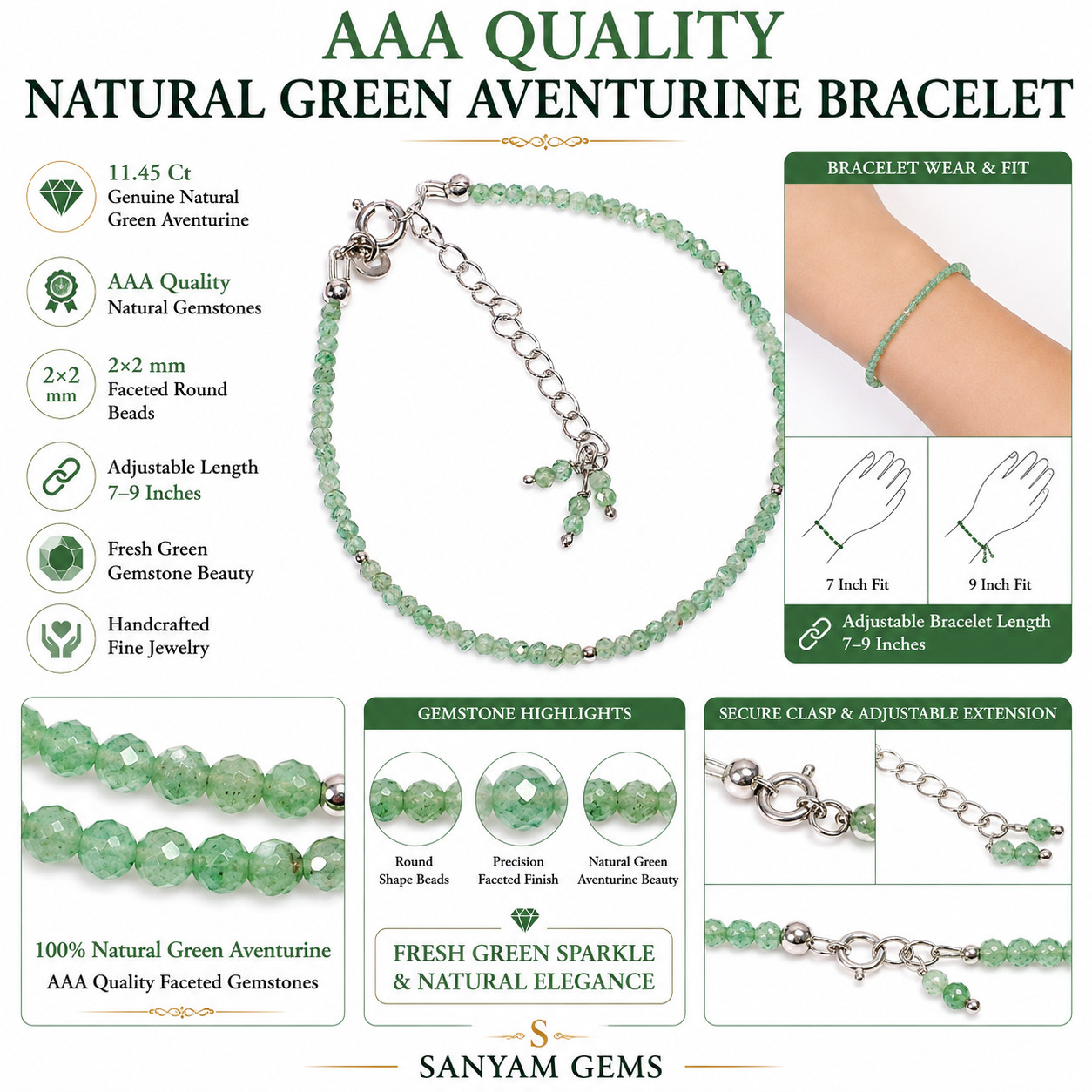 Natural Green Aventurine Gemstone 925 Sterling Silver Beads Bracelet 7-9″ P-825