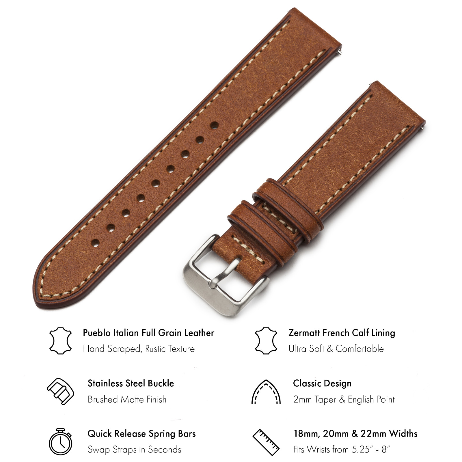 Italian Leather Watch Band – Full-Grain Leather – Cognac – 18, 20 or 22mm
