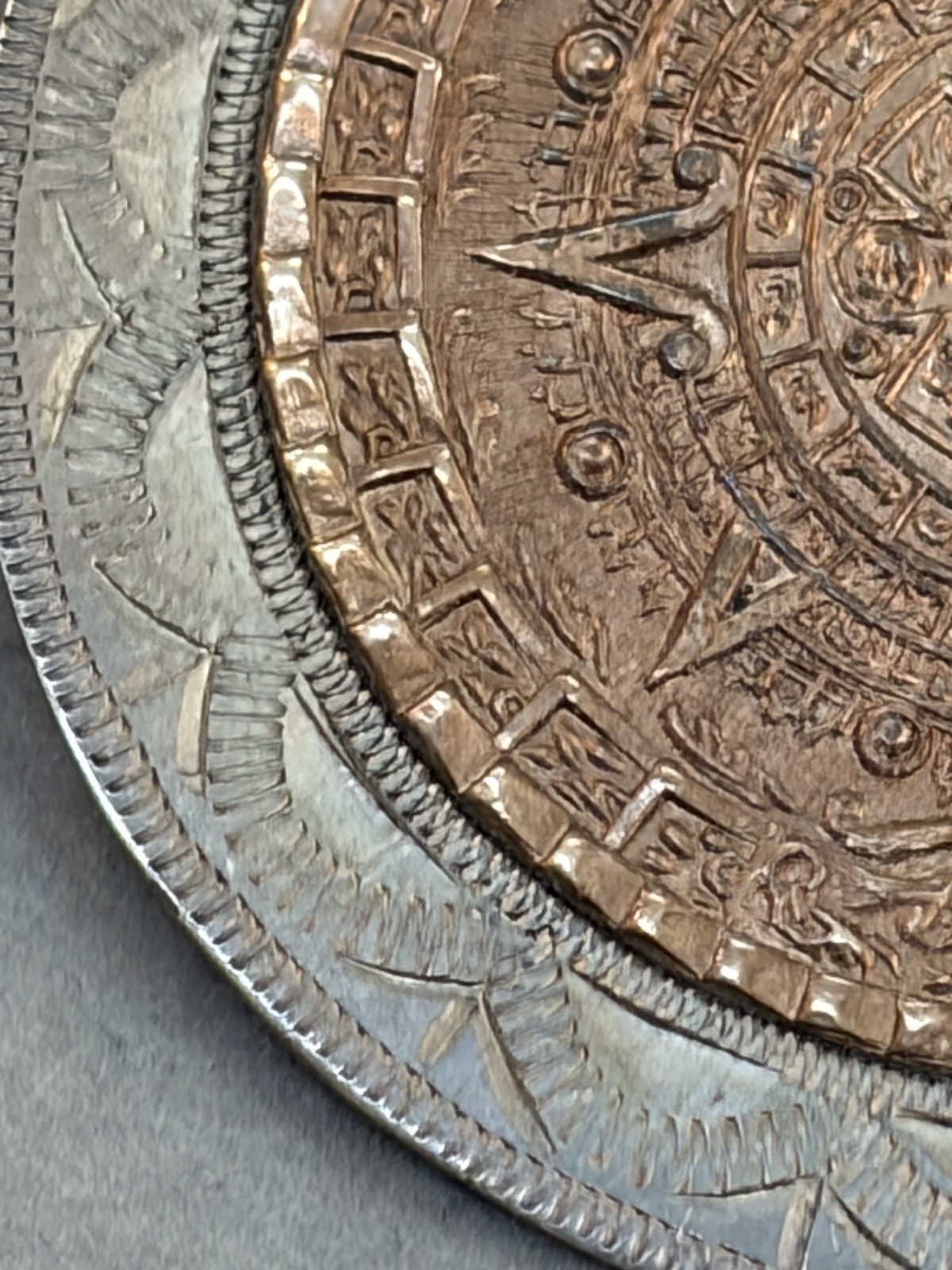 Vintage Aztec Calendar Medallion Brooch Pendant Sterling Silver Copper Mexico
