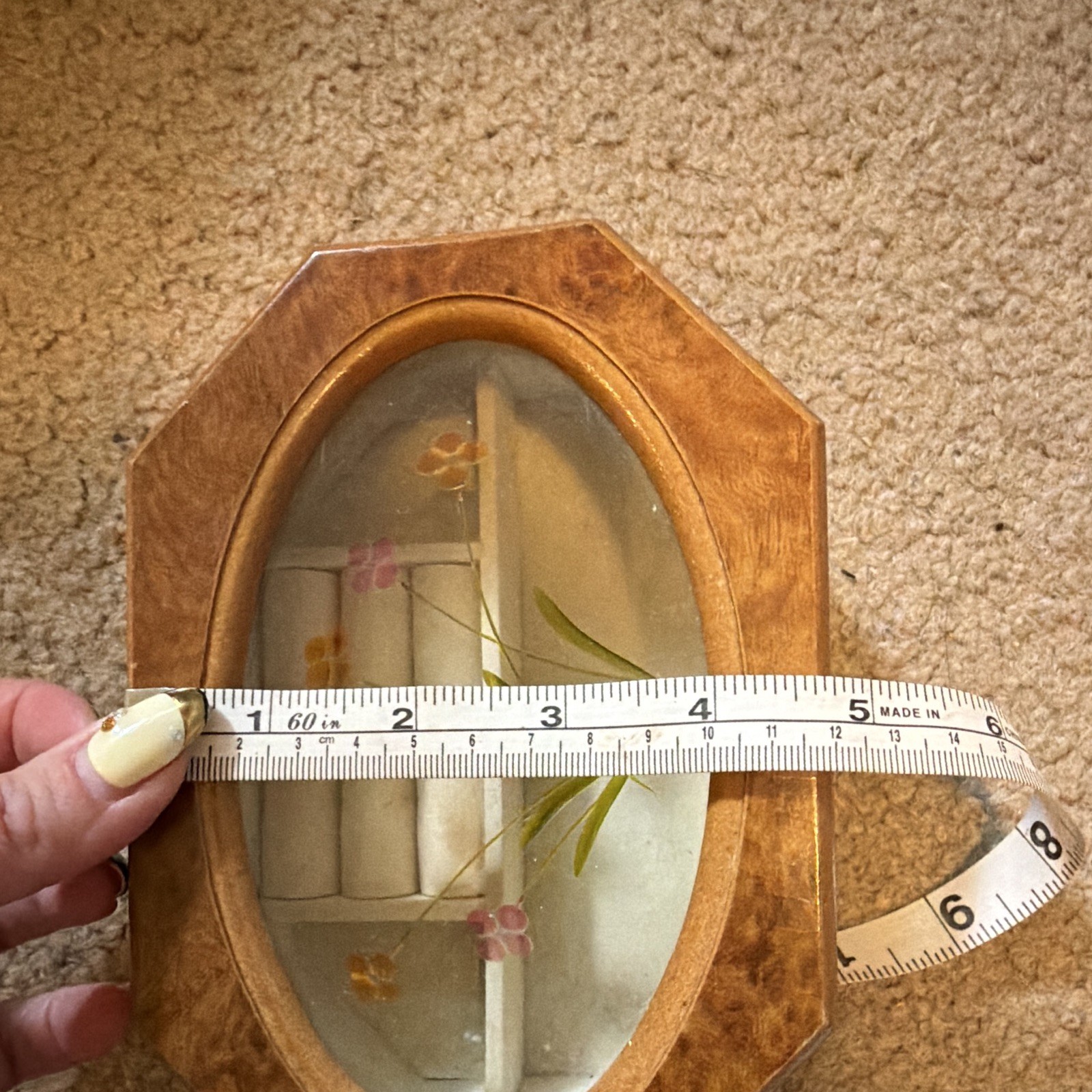 Octagon Wood Jewelry Box w/ Glass Hinged Lid, Velvet Lined Ring Rolls